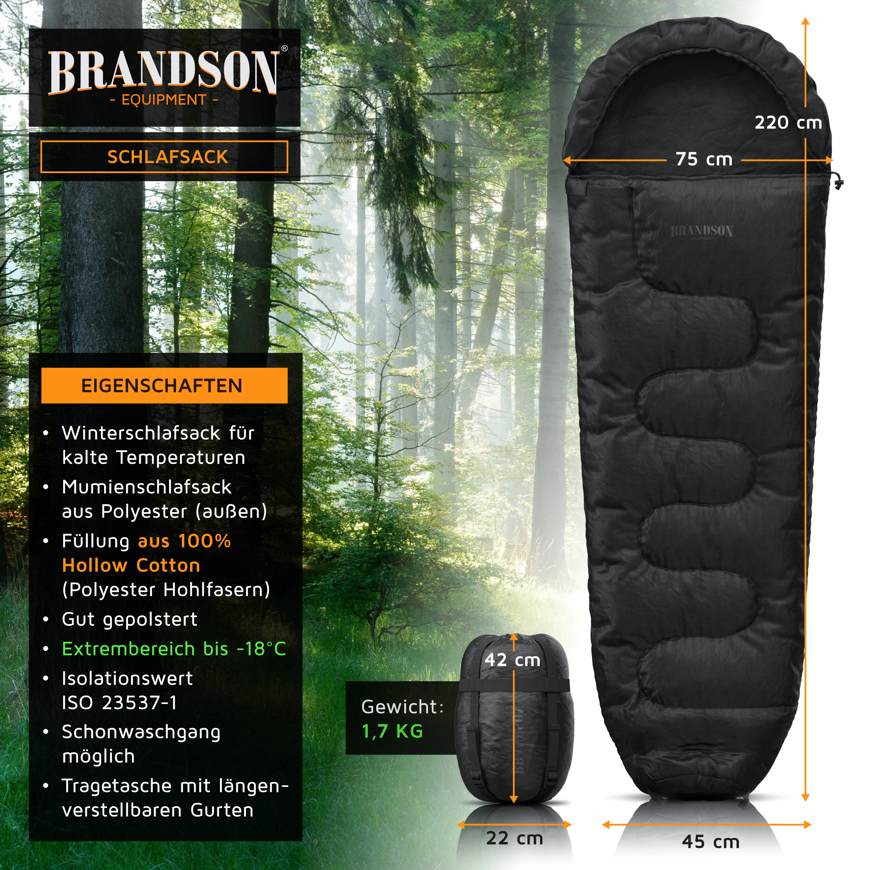 Brandson-Schlafsack für kalte Temperaturen mit Mumienform, schwarzem Polyester-Außenmaterial und hohler Baumwollfüllung.