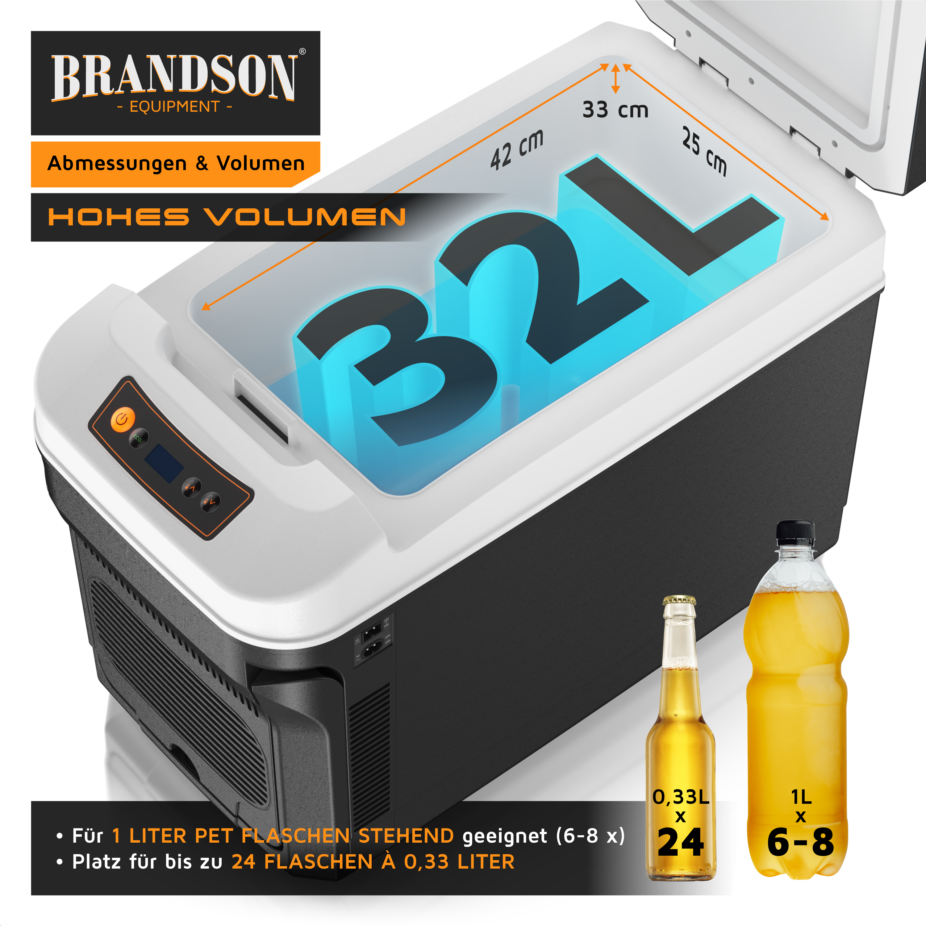 Brandson elektrische Kühlbox mit 32 Litern Volumen, schwarzem Gehäuse, digitalem Display und seitlichem Griff für einfache Handhabung.