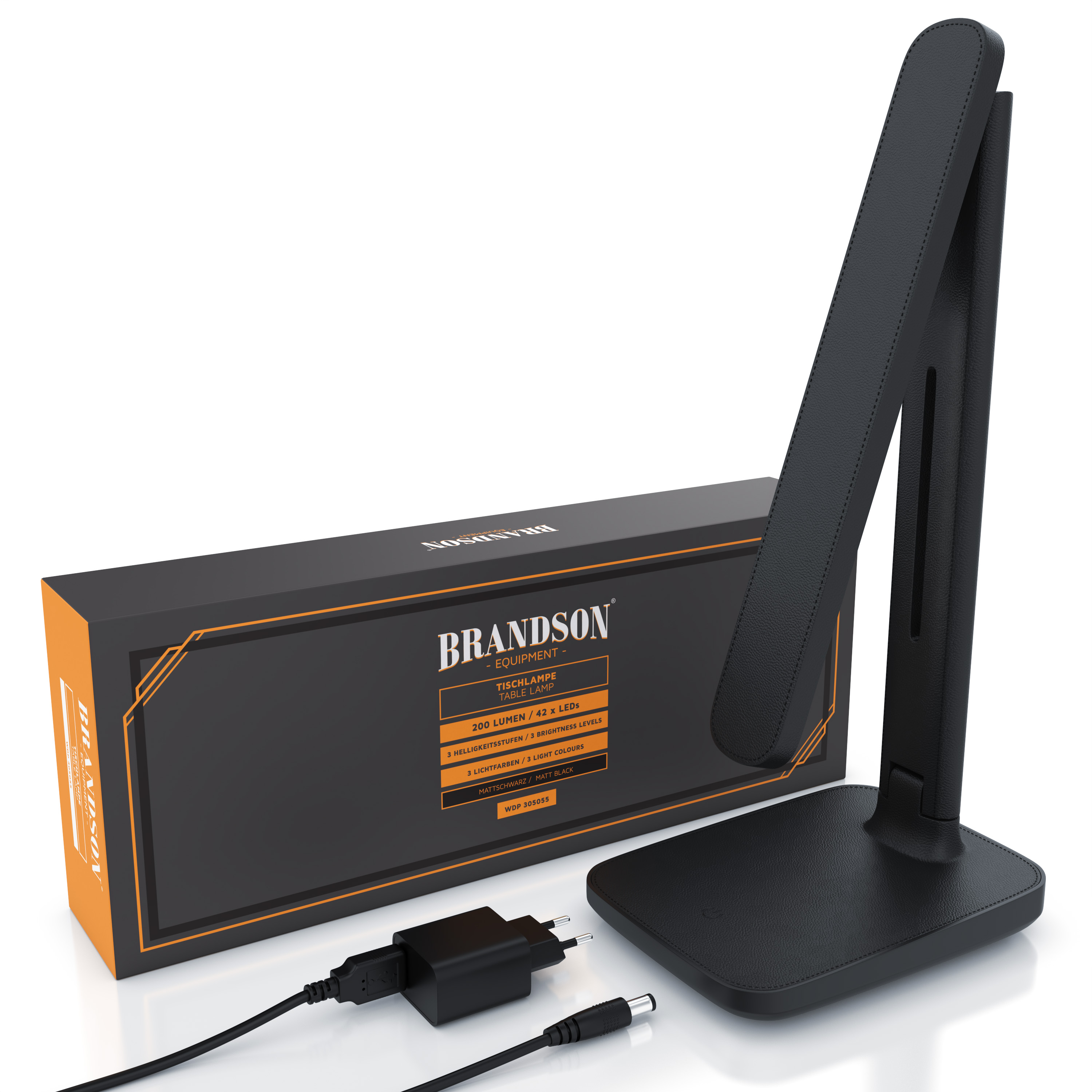 Brandson Tischlampe in Schwarz mit flexibler Leuchte, stabiler Basis und Verpackung, inklusive Netzteil.