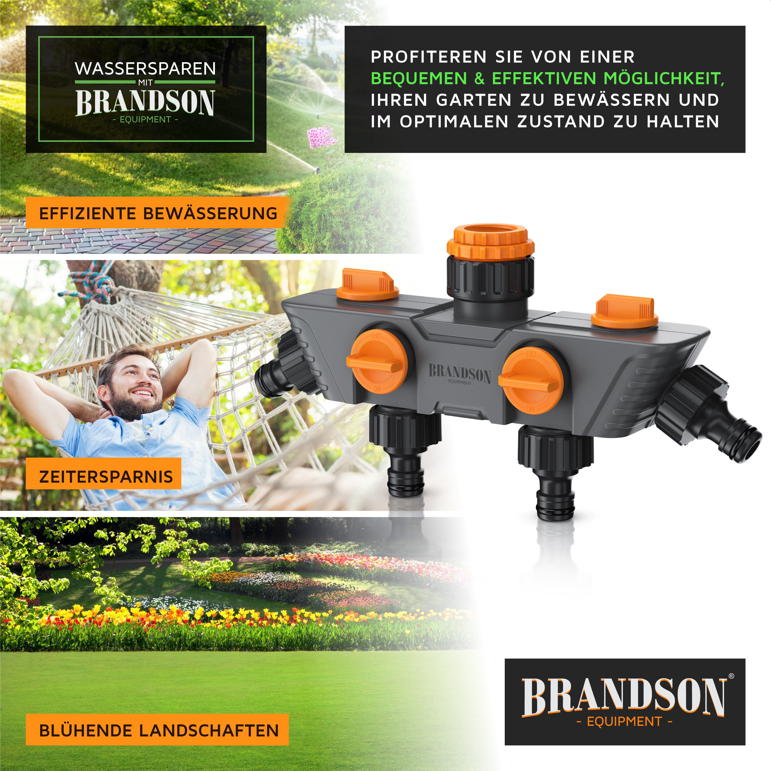 Brandson Bewässerungsgerät mit drei Anschlüssen, orangefarbenem Regler und grauem Gehäuse, ideal für effiziente Gartenbewässerung.