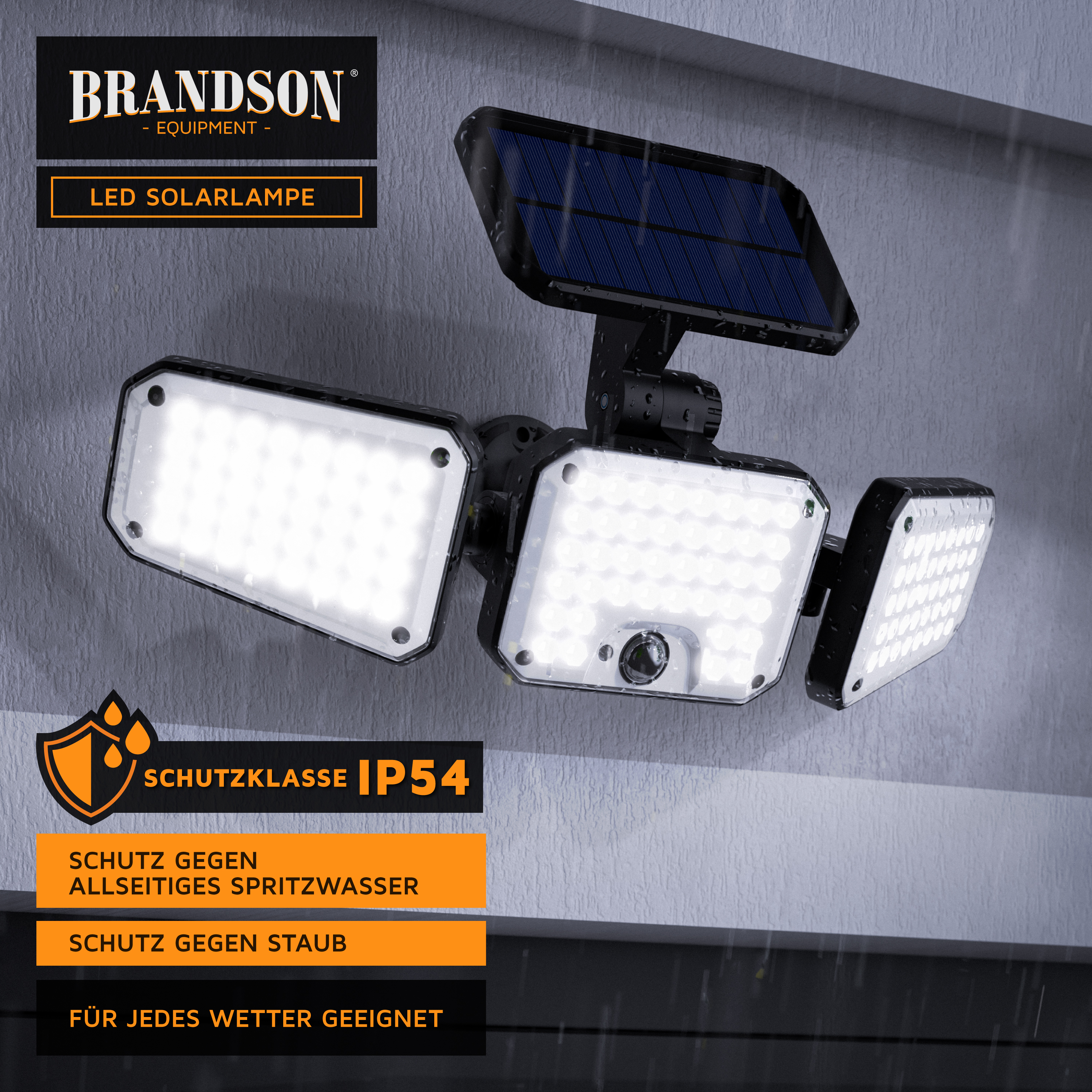 Brandson LED-Solarlampe mit drei verstellbaren Lichtpaneelen und einem Solarpanel, konzipiert für den Außenbereich mit IP54-Schutz gegen Wasser und Staub.