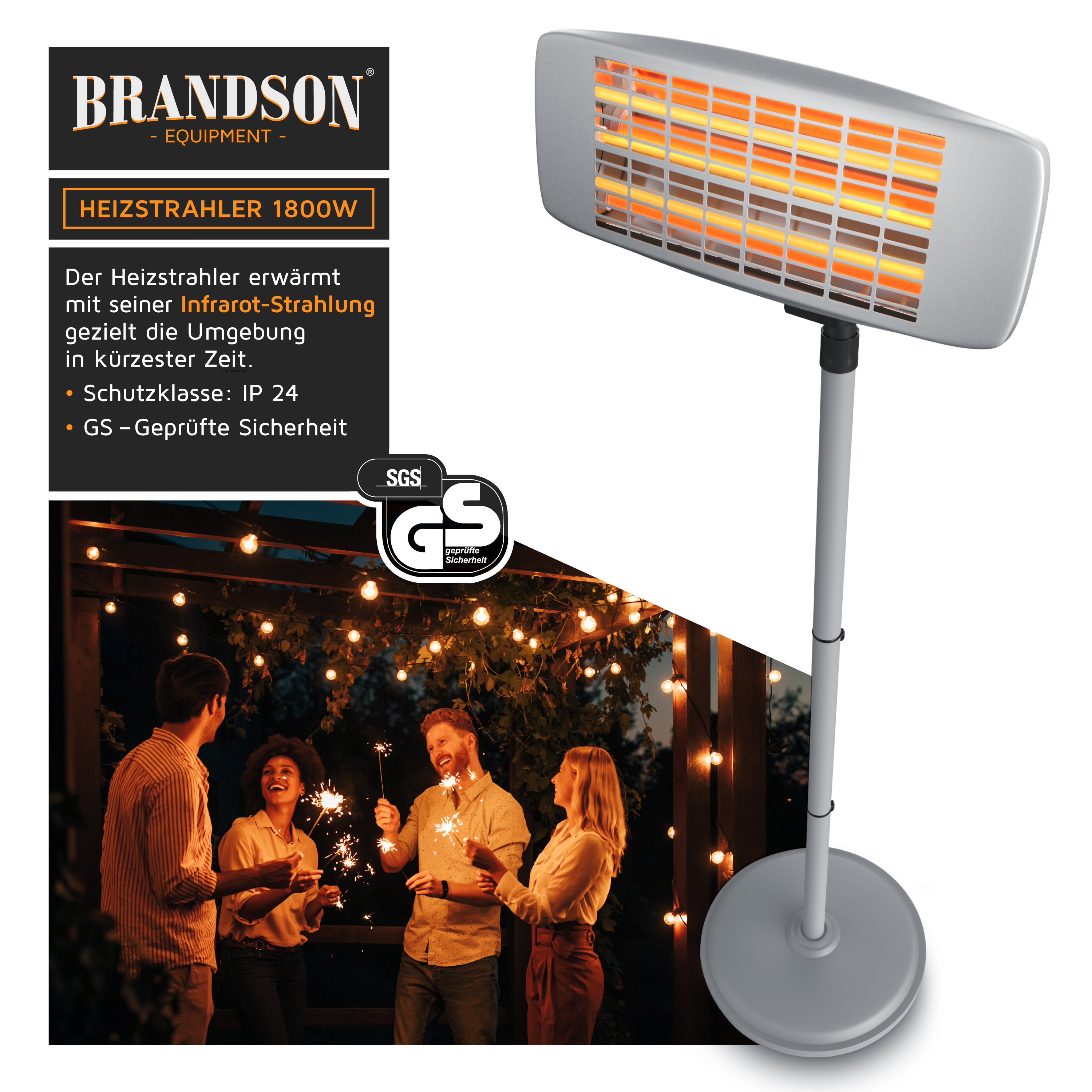 Brandson Heizstrahler mit schmalem, silbernem Design und Infrarotstrahlung, ideal für den Außenbereich bei Abendveranstaltungen.