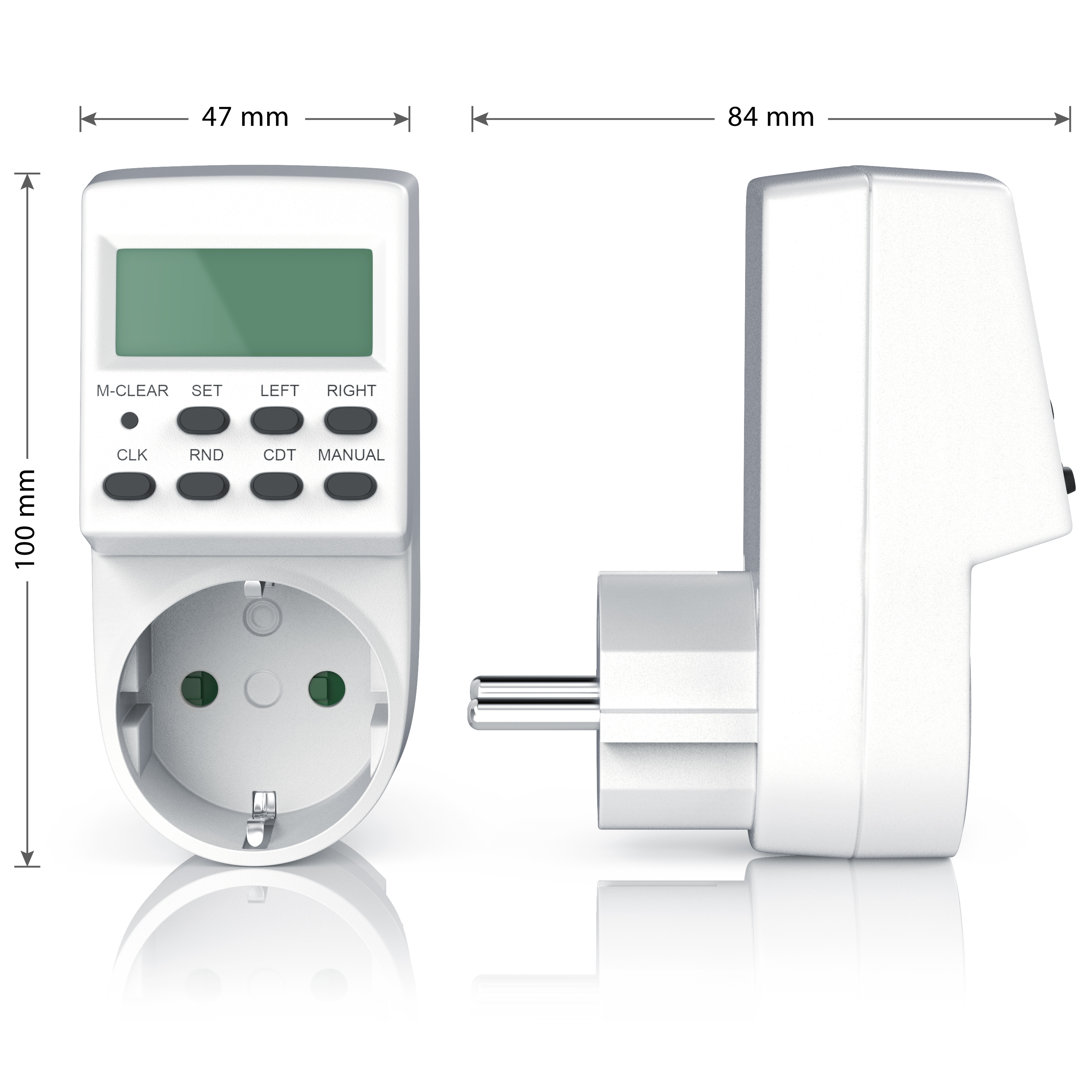 Brandson Zeitschaltuhr mit LCD-Display, Tastenfeld und Steckdose in Weiß, ideal für die zeitgesteuerte Nutzung von Geräten.