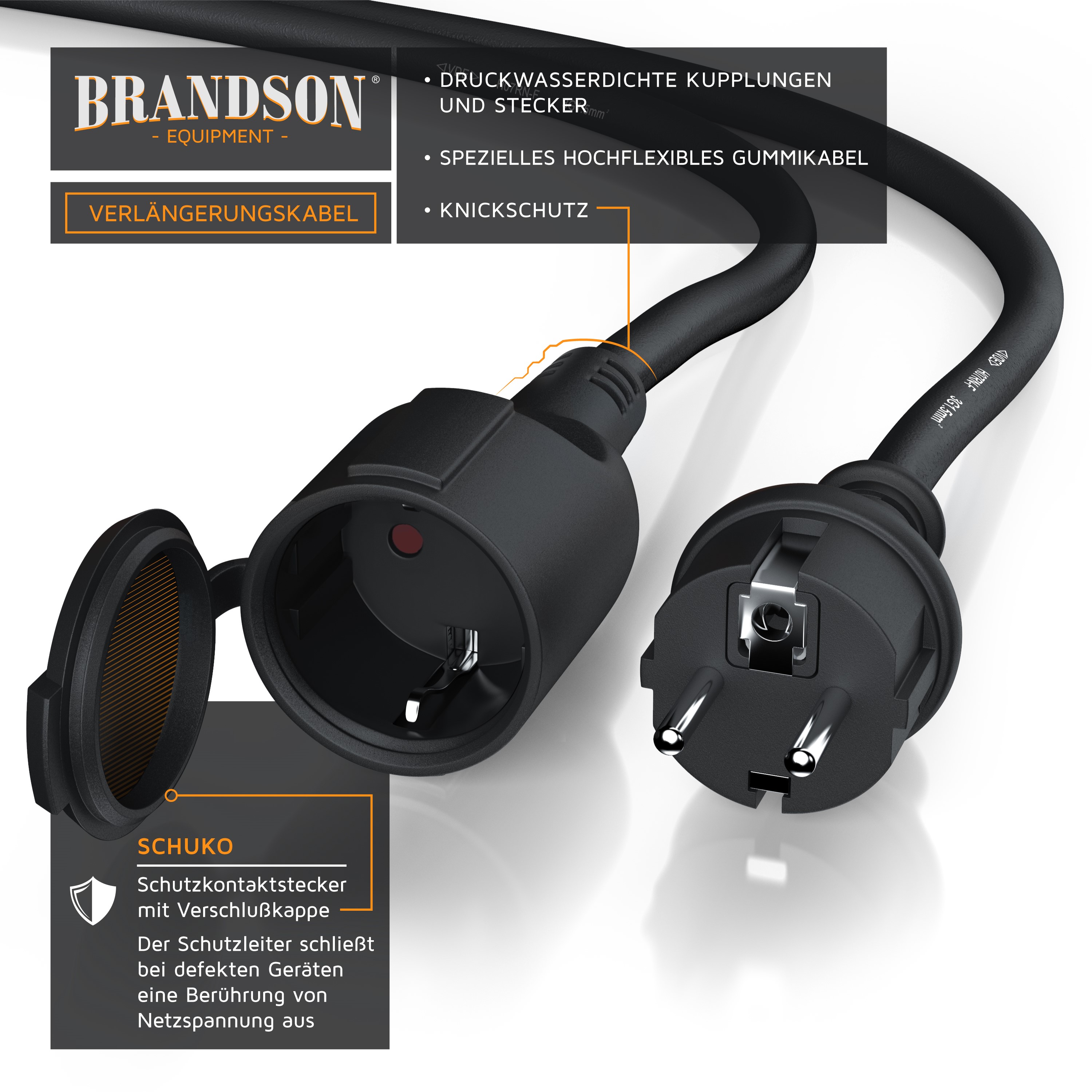 Brandson Verlängerungskabel mit druckwasserdichten Steckern und flexiblem Gummikabel, ausgestattet mit Knickschutz.