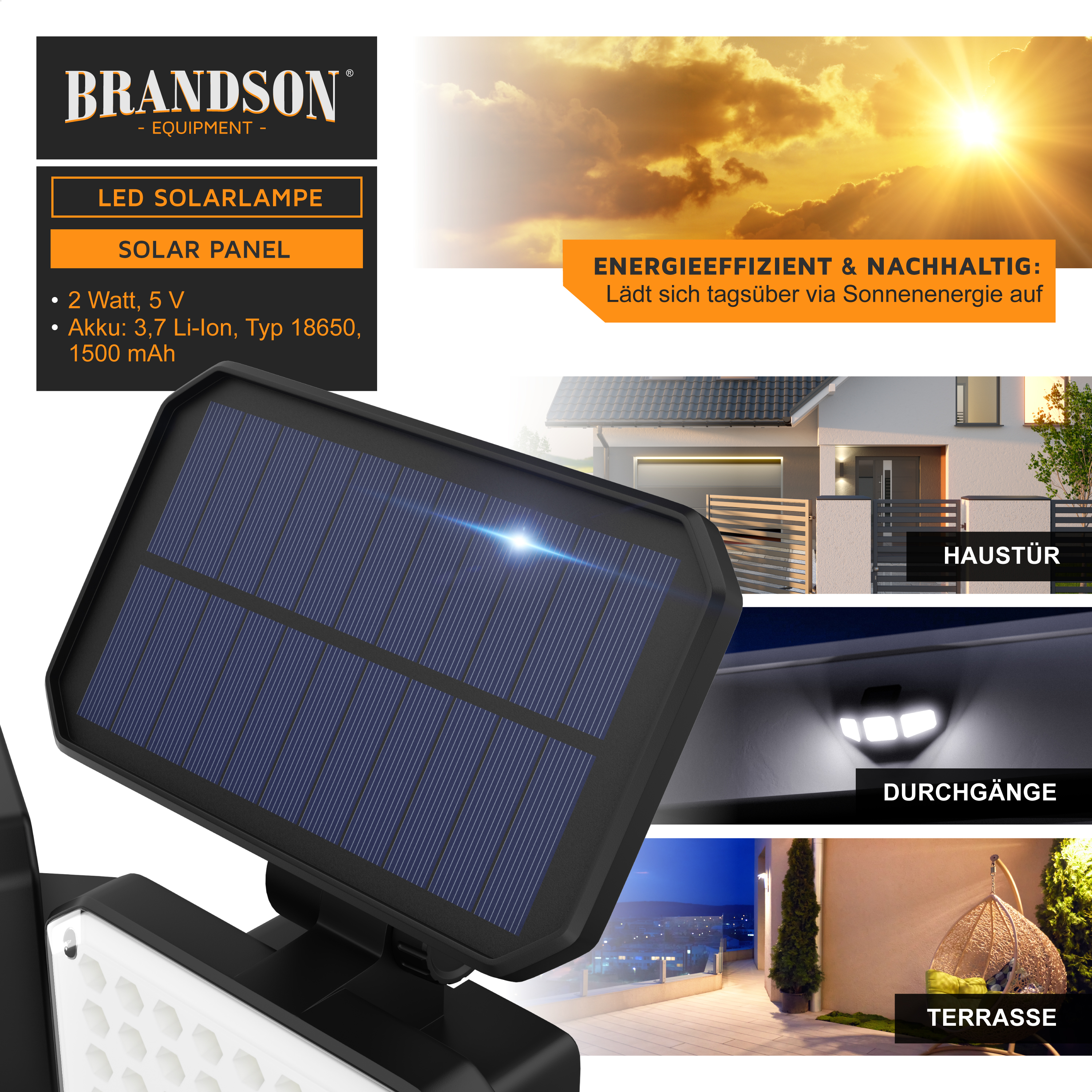 Brandson LED-Solarlampe mit Solarpanel, mit elegantem schwarzem Design und sechseckiger Lichtstruktur, ideal für den Außenbereich.