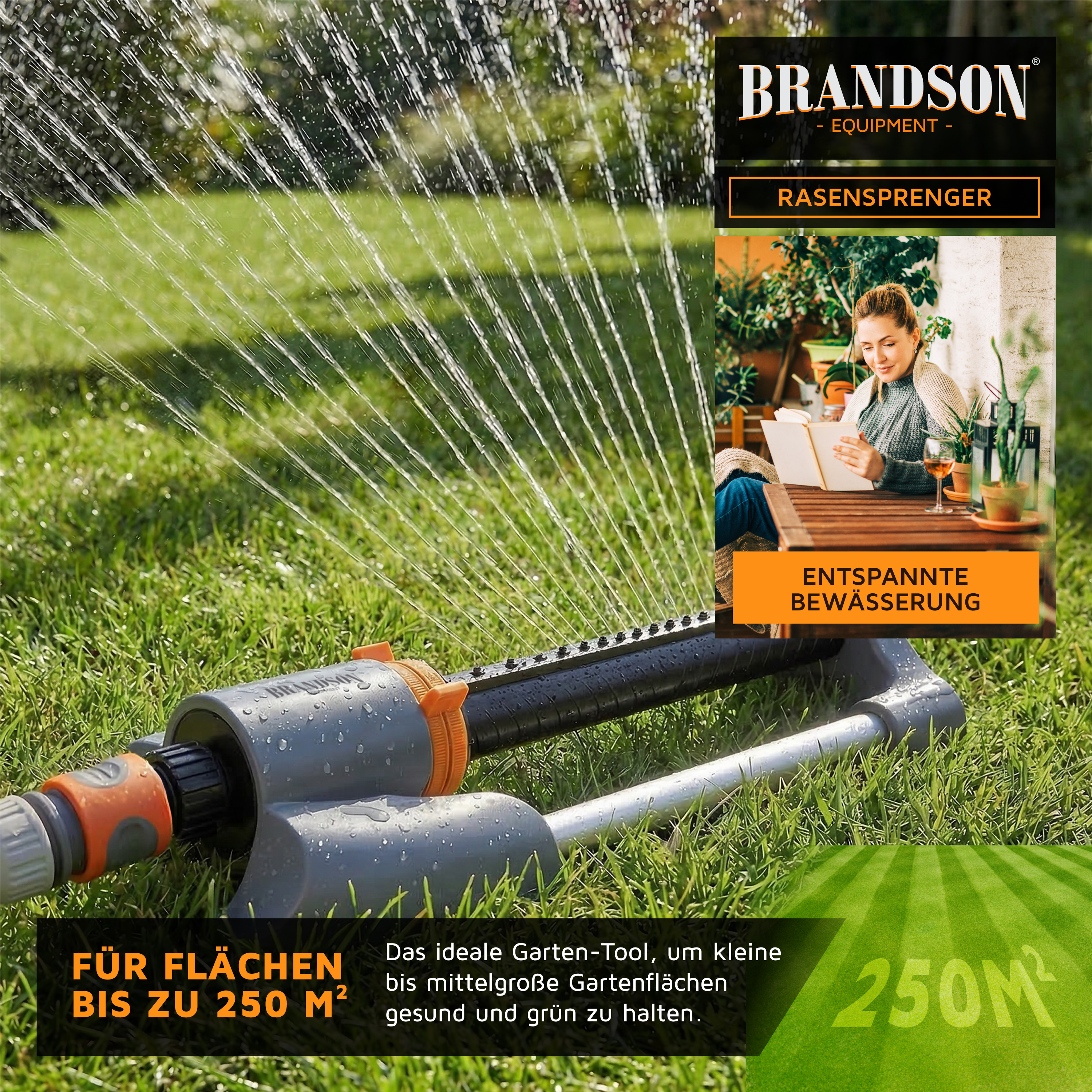 Brandson Rasensprenger mit grauem Gehäuse und orangefarbenem Bedienknopf, sprüht Wasser gleichmäßig über eine grüne Rasenfläche.