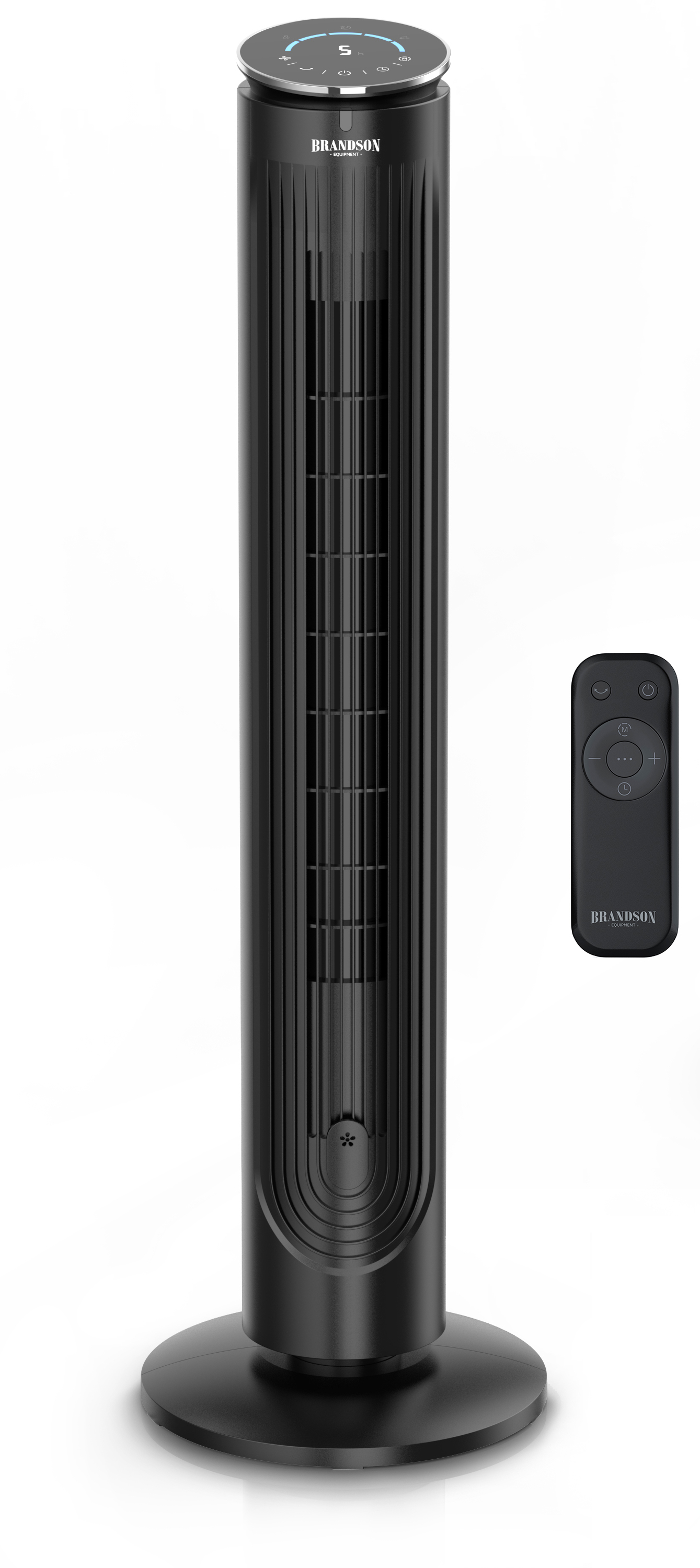 Brandson Turmventilator in Schwarz mit schlanker Bauform, Bedienfeld und Fernbedienung für einfache Nutzung.
