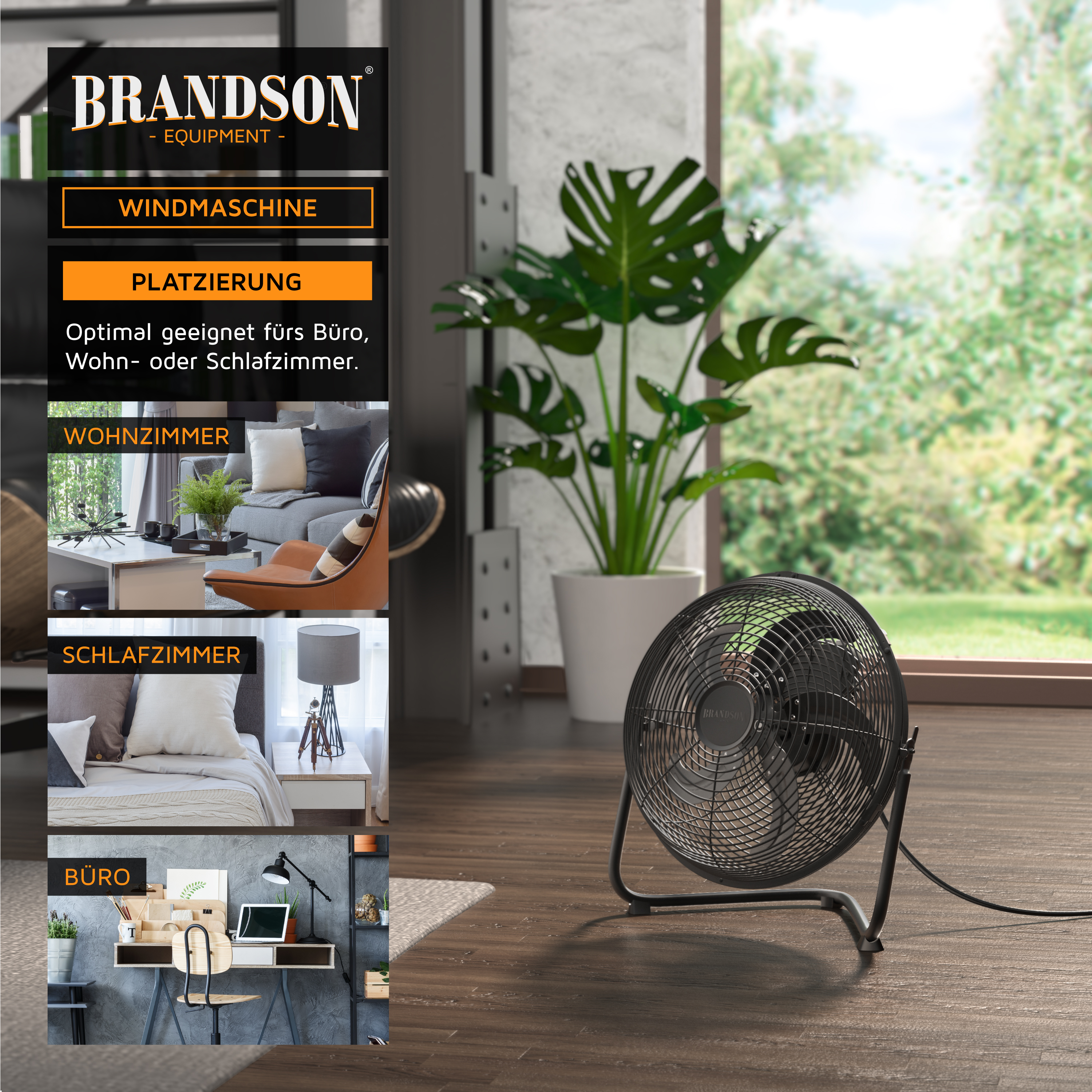 Brandson-Windmaschine mit stabilem Metallrahmen und elegantem schwarzem Finish, geeignet für den Heim- oder Bürogebrauch.