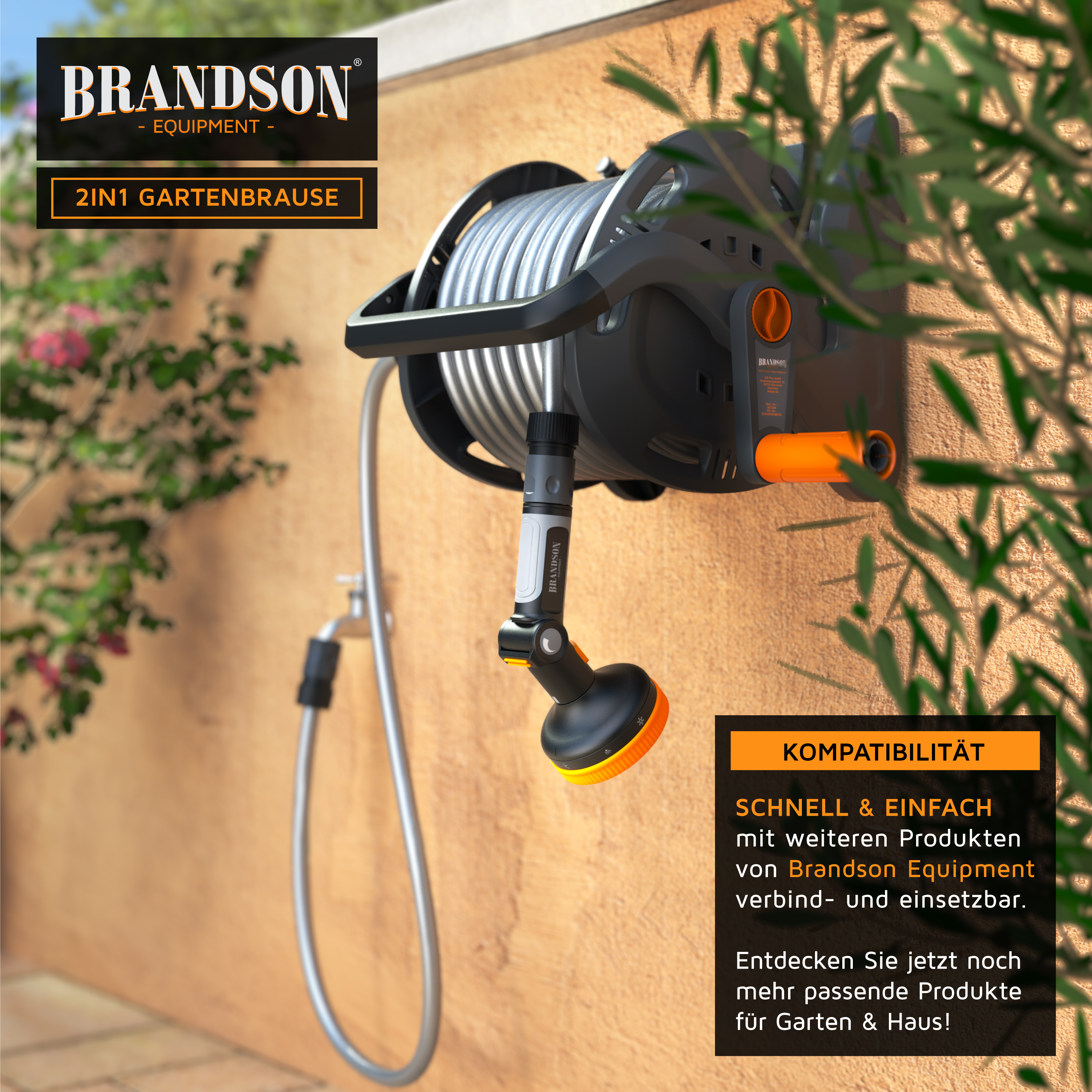 Brandson 2-in-1-Gartenschlauch mit wandmontierter Trommel, Sprühdüse und robuster Konstruktion für einfaches Bewässern.