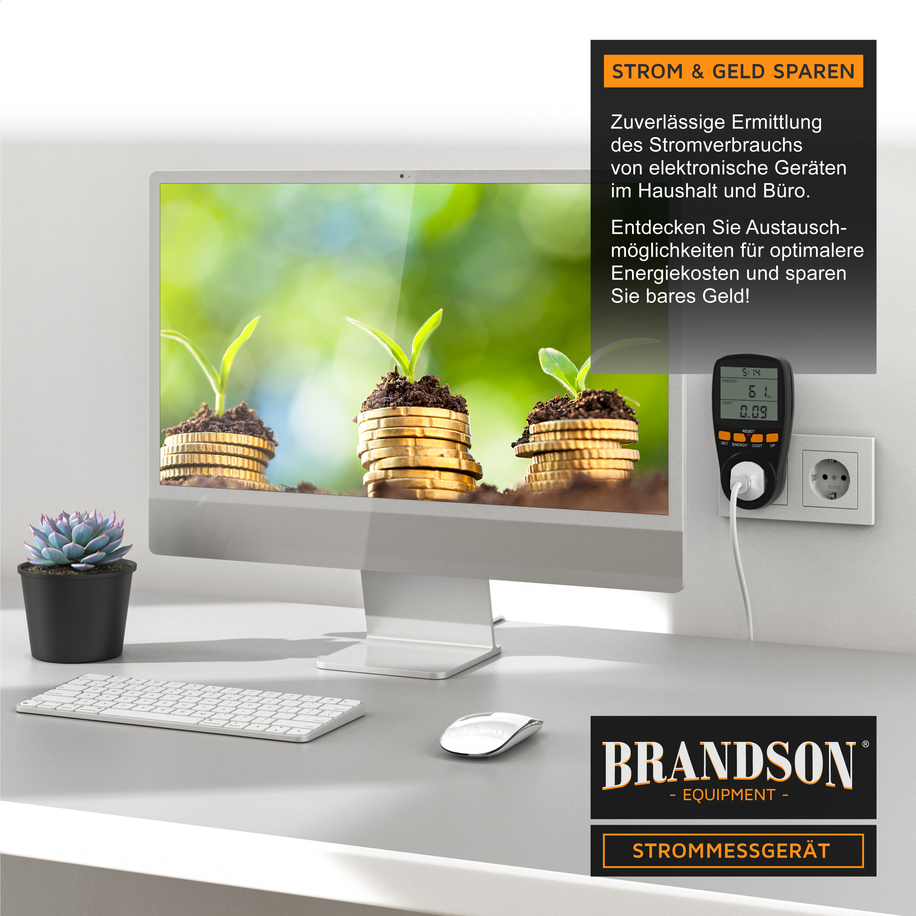 Brandson Strommessgerät zur Ermittlung des Stromverbrauchs, kompakte Bauform mit digitalem Display und Bedienfeld, ideal für Haushalt und Büro.