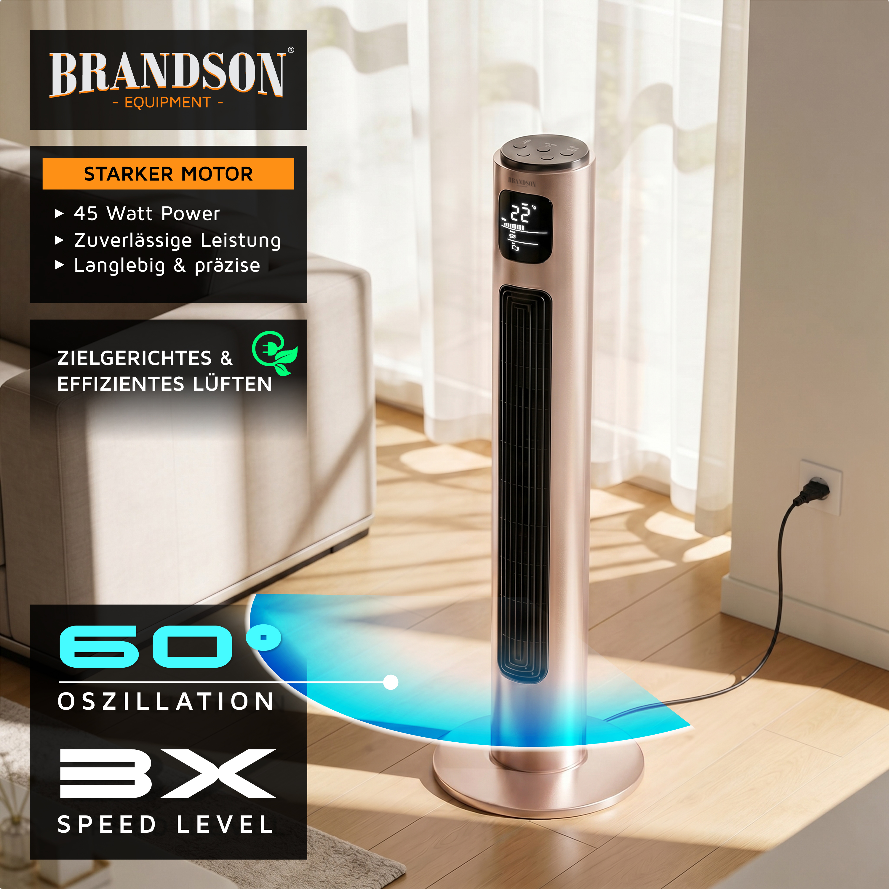 Brandson Turmventilator in Roségold mit elegantem Design, Digitalanzeige und Fernbedienung, platziert in der Nähe einer Couch in einem gut beleuchteten Raum.
