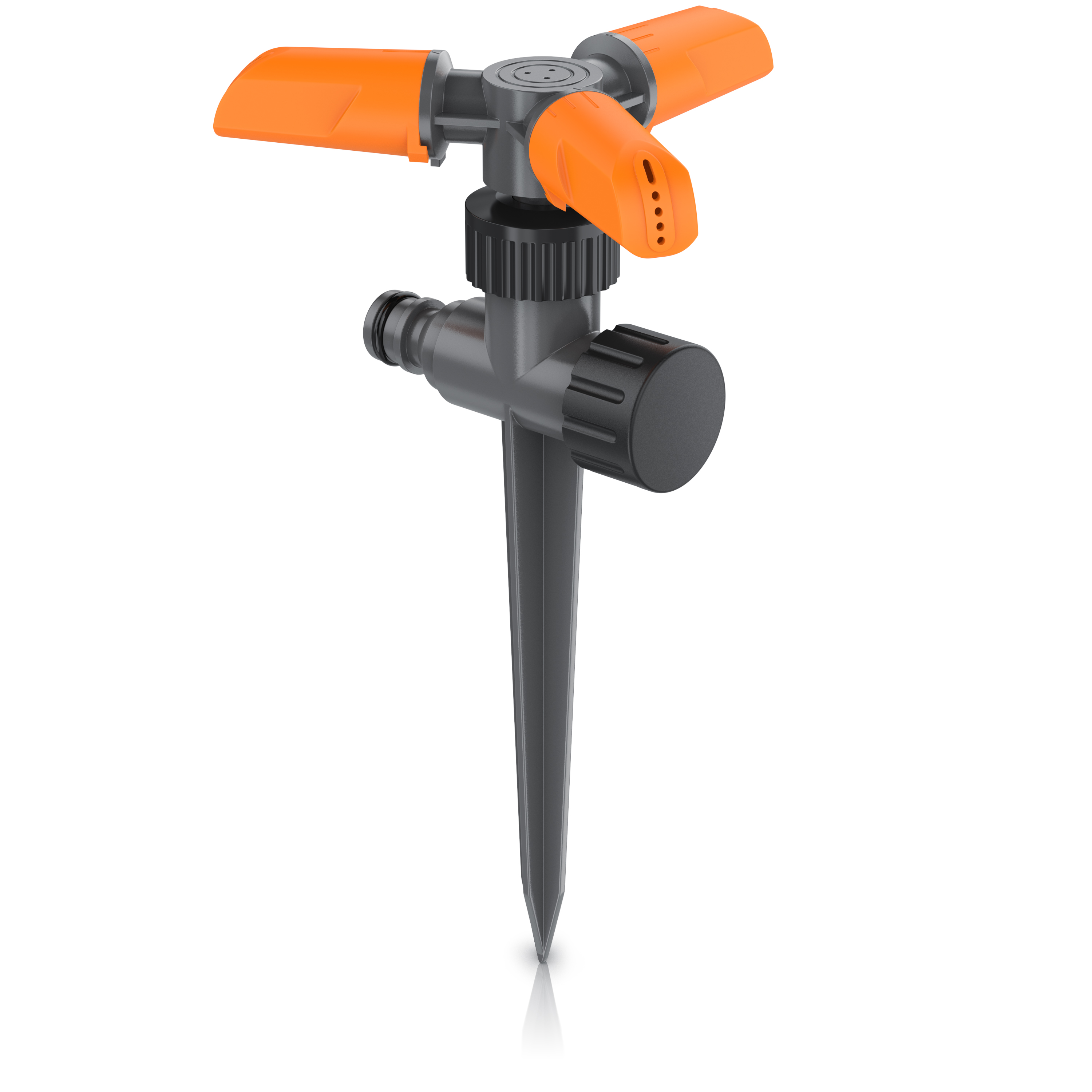 Gartensprinkler von Brandson mit verstellbaren orangefarbenen Sprühköpfen und schwarzem Sockel für einfache Installation im Boden.