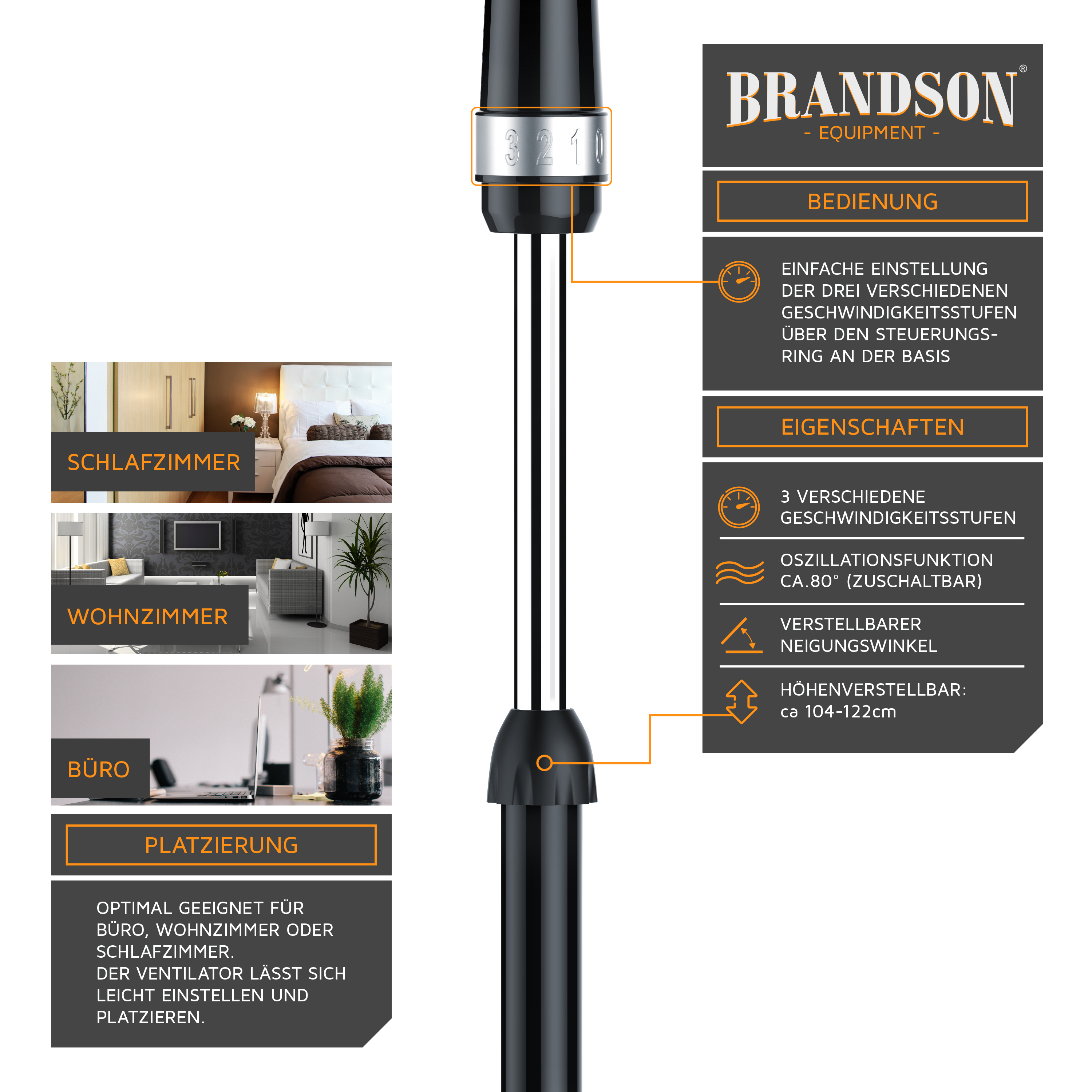 Turmventilator von Brandson mit elegantem schwarzem Design, einstellbarer Höhe und einem Steuerring für drei Geschwindigkeitseinstellungen und Oszillationsfunktion.