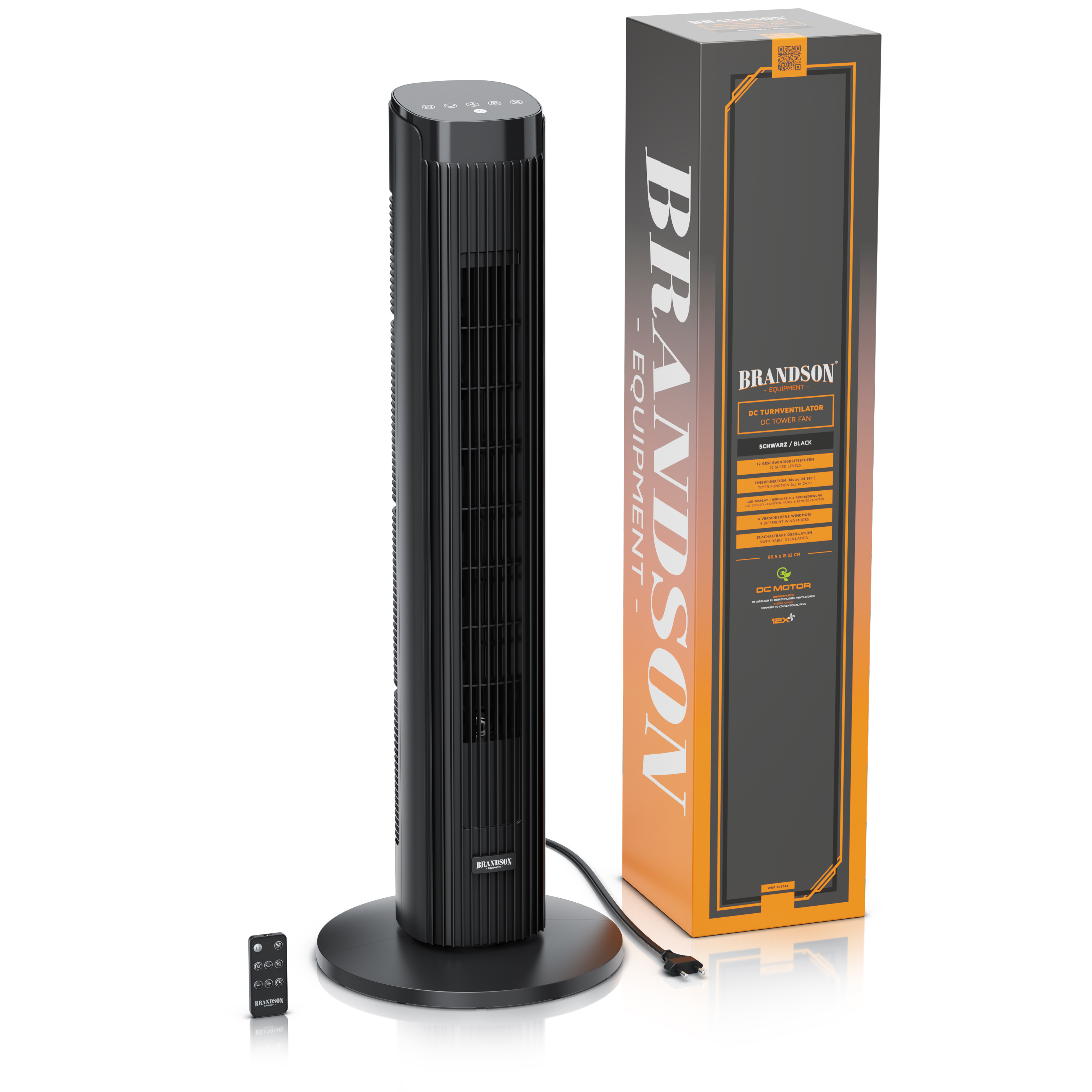 Brandson Turmventilator in Schwarz mit elegantem Design, Fernbedienung und Verpackung, ideal zum Kühlen von Innenräumen.
