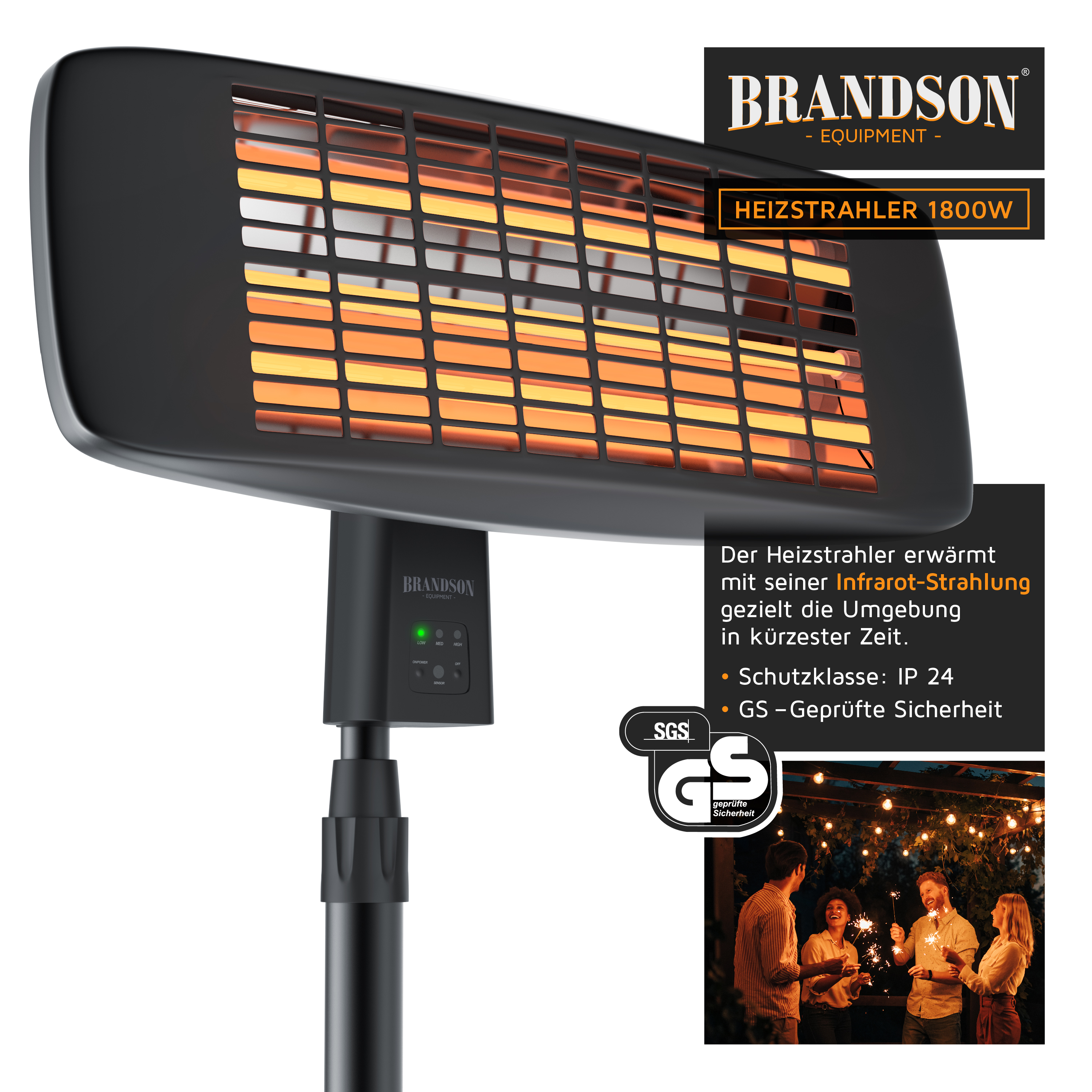 Brandson Heizstrahler mit schwarzem Gehäuse, Infrarotstrahlung, Bedienfeld und Standfuß, ideal für den Außenbereich.