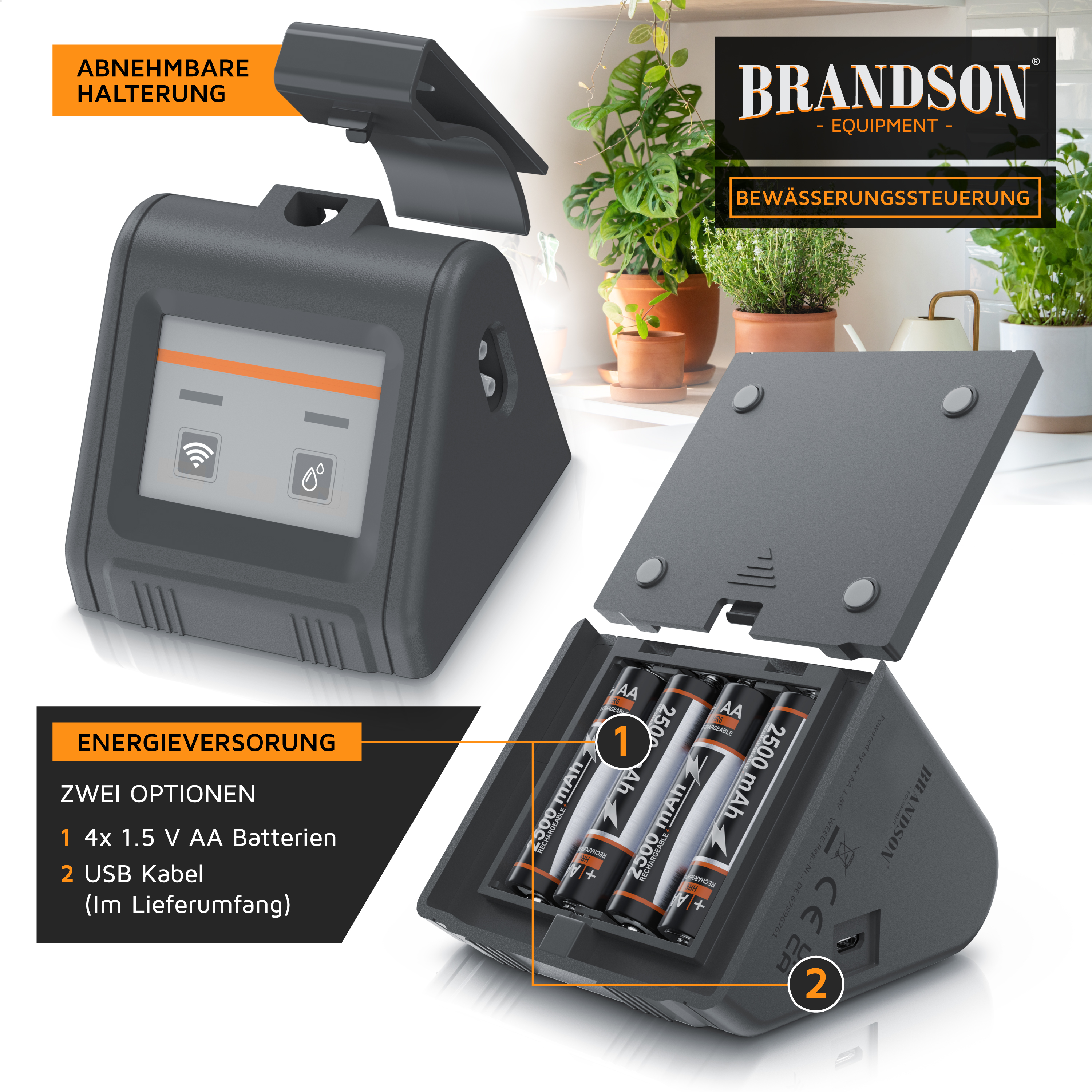 Brandson Bewässerungssteuerung mit abnehmbarer Halterung, Display und Platz für 4 AA Batterien oder USB-Anschluss.
