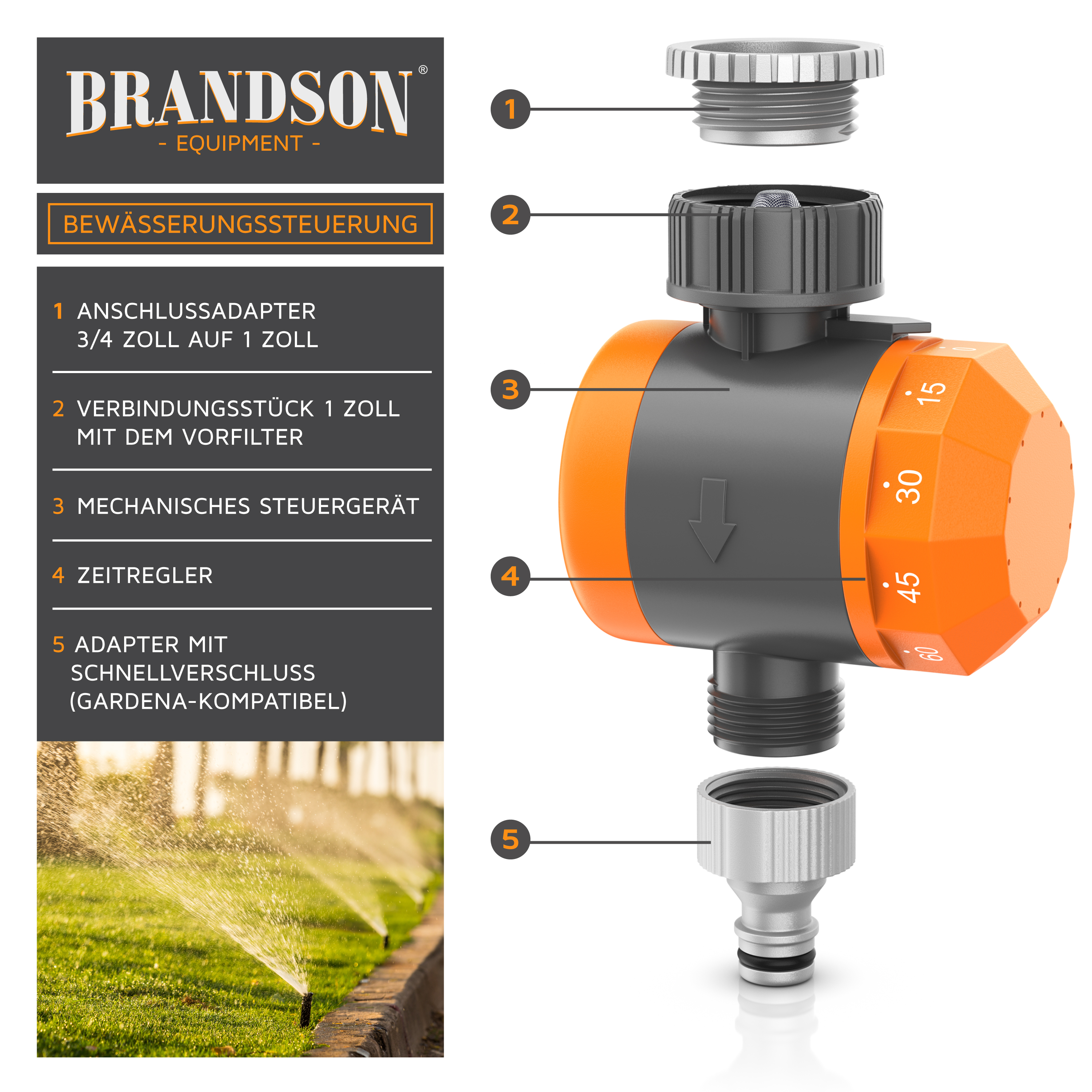 Brandson Bewässerungssteuerung mit mechanischem Steuergerät, Zeitschaltuhr und Gardena-kompatiblem Adapter in grau-orange.