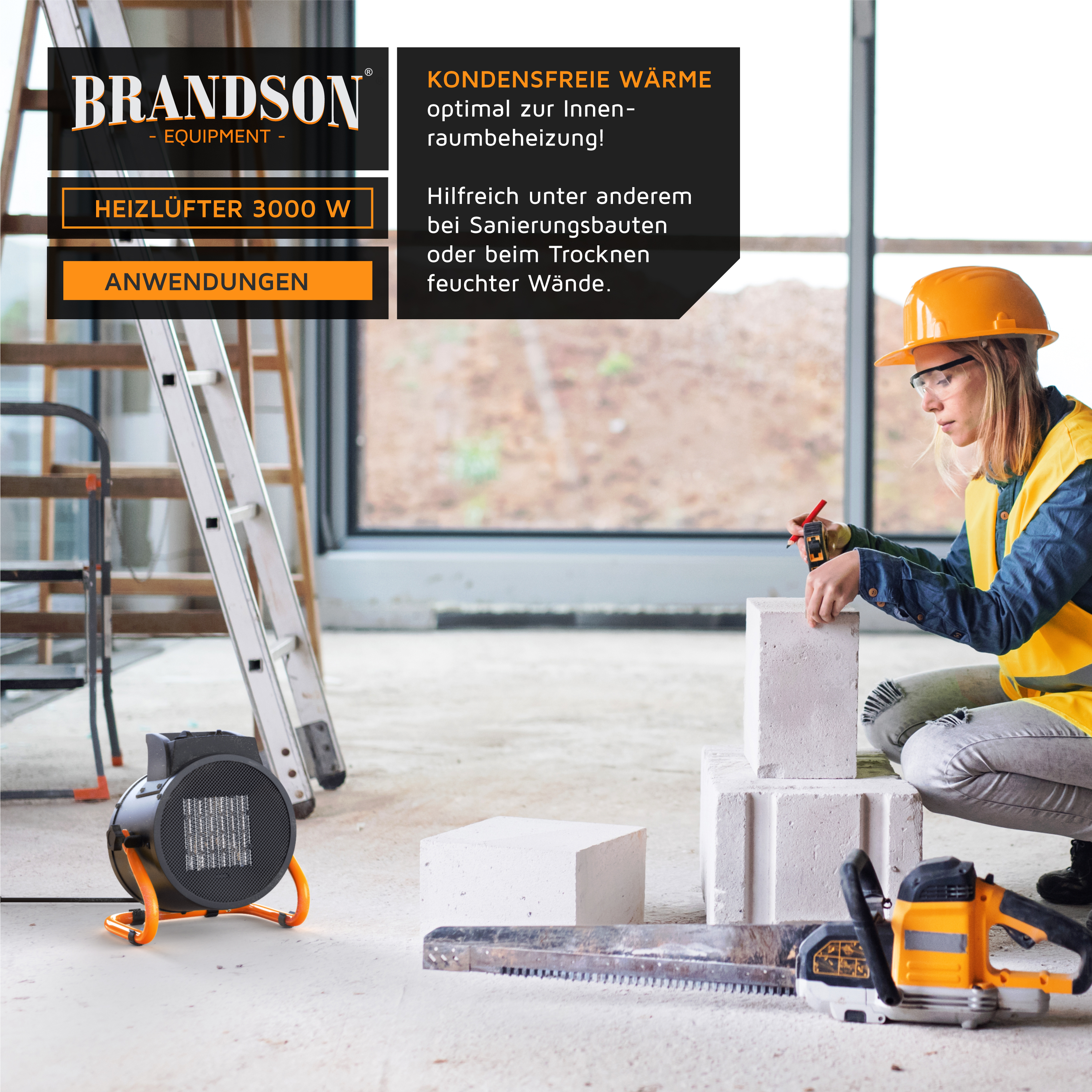 Brandson Heizlüfter mit kompaktem Design, orangefarbenem Standfuß und Gitterfront, ideal für die Beheizung von Innenräumen.