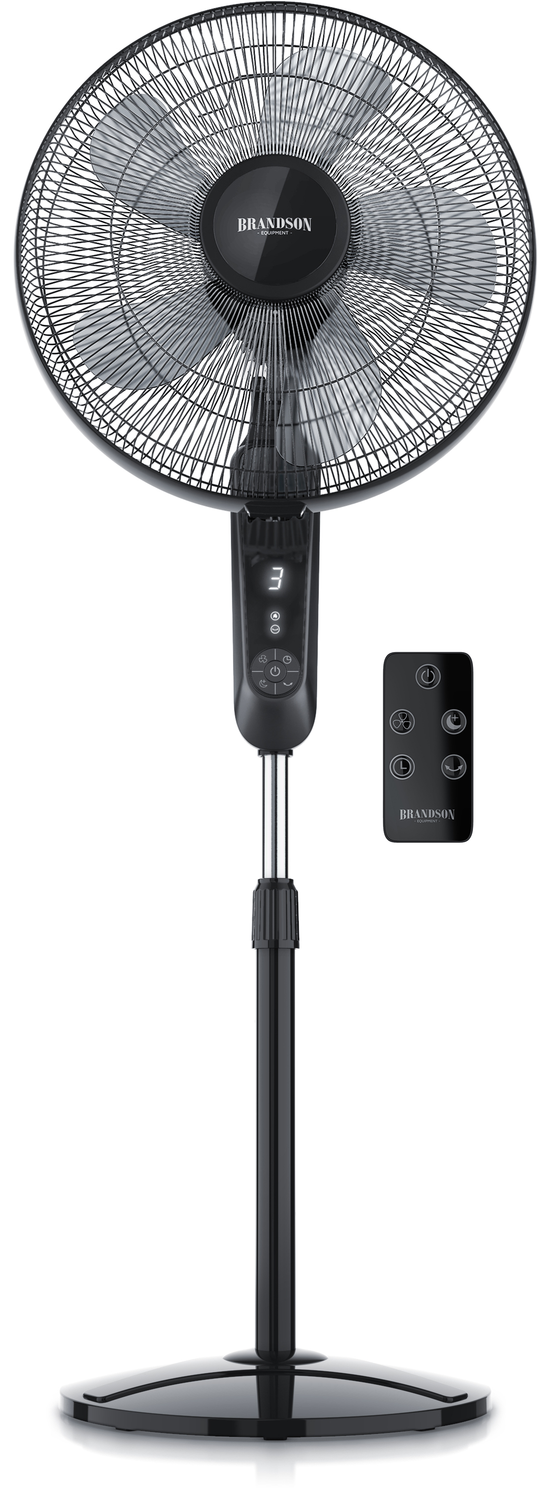 Brandson Standventilator in Schwarz mit einem stabilen Standfuß, Bedienfeld und Fernbedienung für einfache Steuerung.