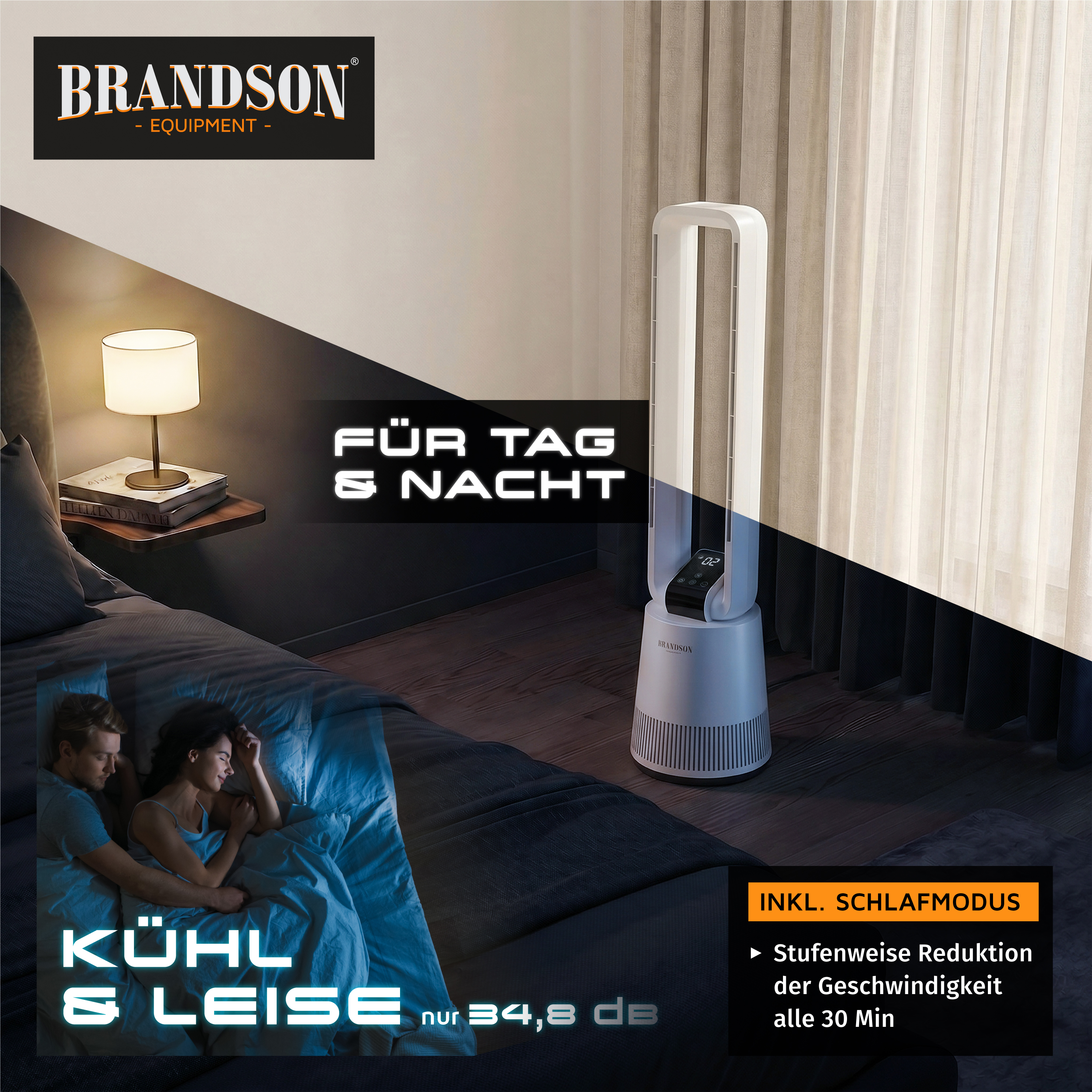 Brandson Turmventilator mit elegantem weißem Design, Digitalanzeige und Fernbedienung, platziert in einer gemütlichen Schlafzimmerumgebung.