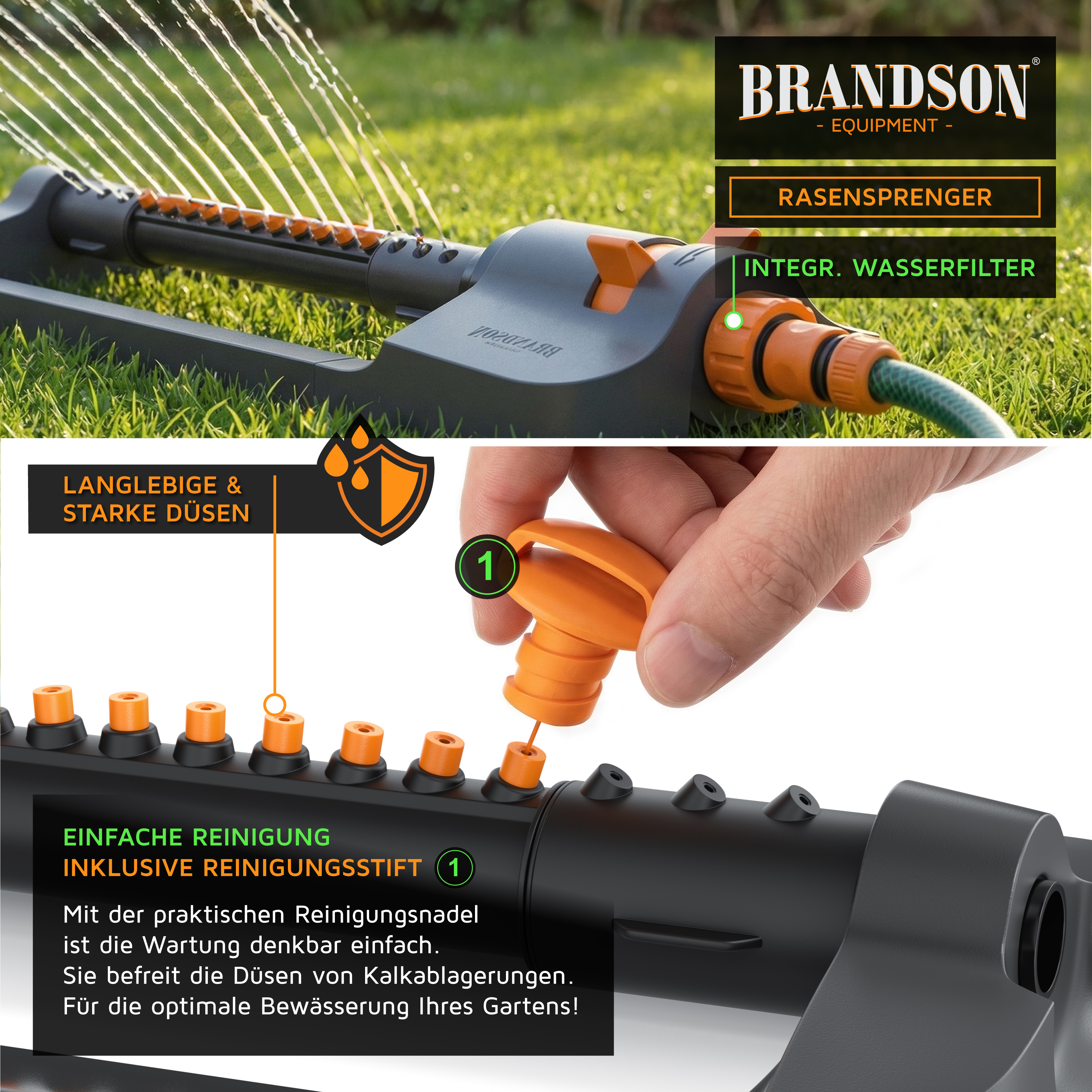 Brandson Rasensprenger mit langlebigen Düsen, integriertem Wasserfilter und einfachem Reinigungssystem für optimale Bewässerung.