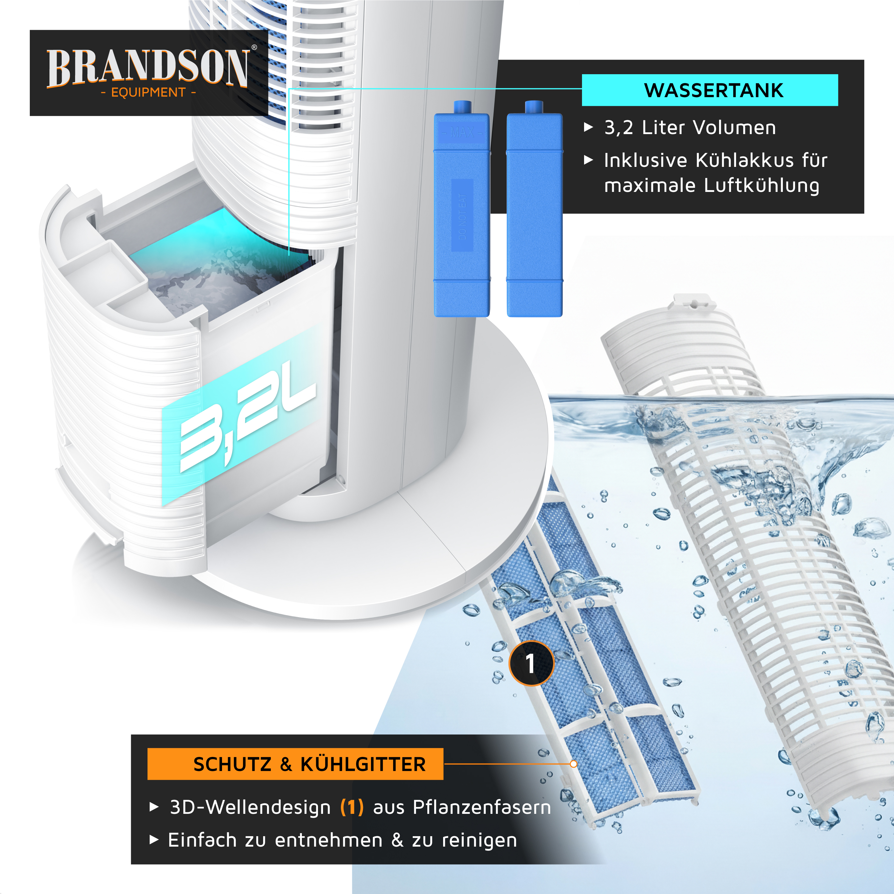 Turmventilator von Brandson mit einem 3,2-Liter-Wassertank, blauen Kühlakkus und einem herausnehmbaren Filter zur einfachen Reinigung.