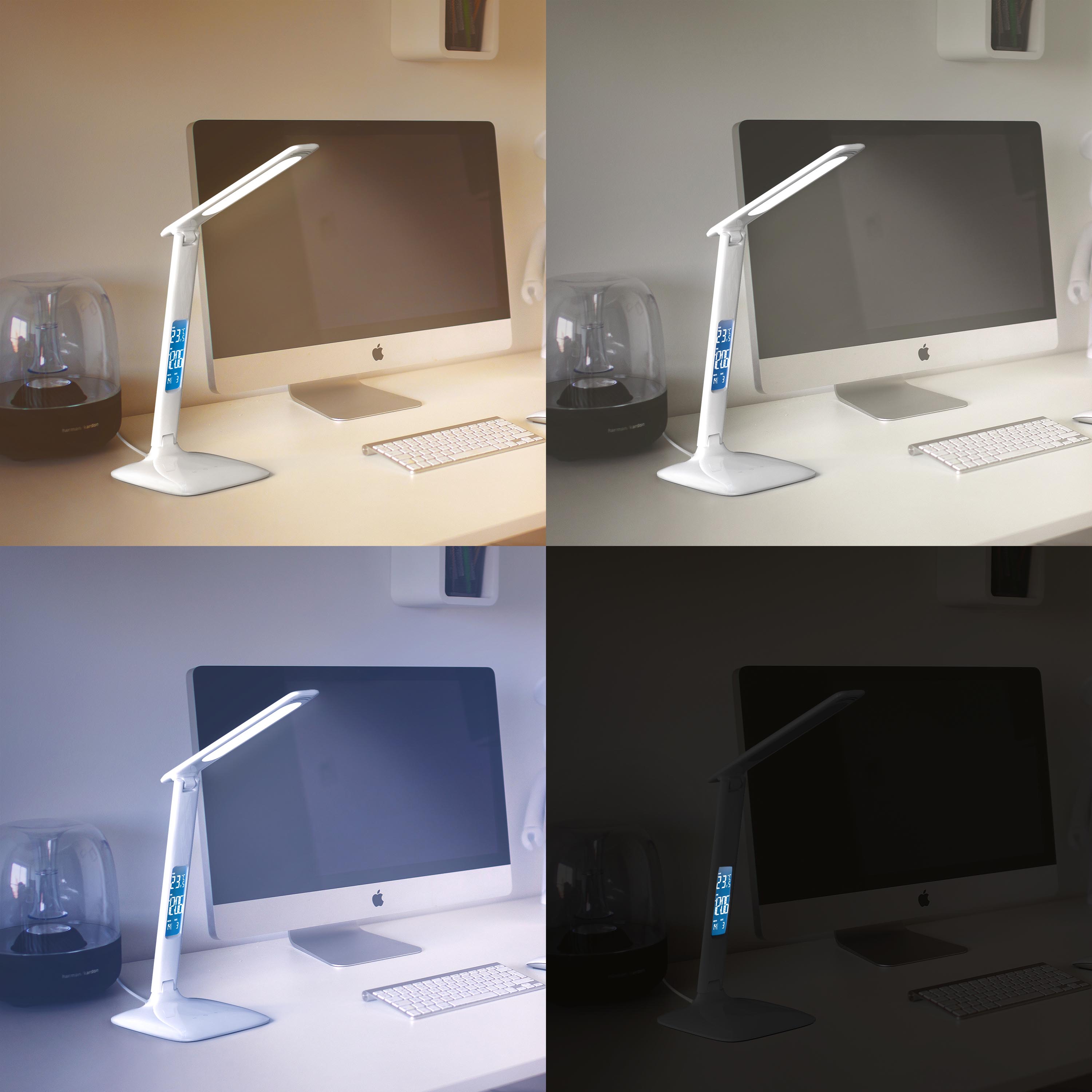 Brandson Tischlampe mit flexibler Leuchte, digitalem Display und weißem Gehäuse, ideal für Schreibtische.