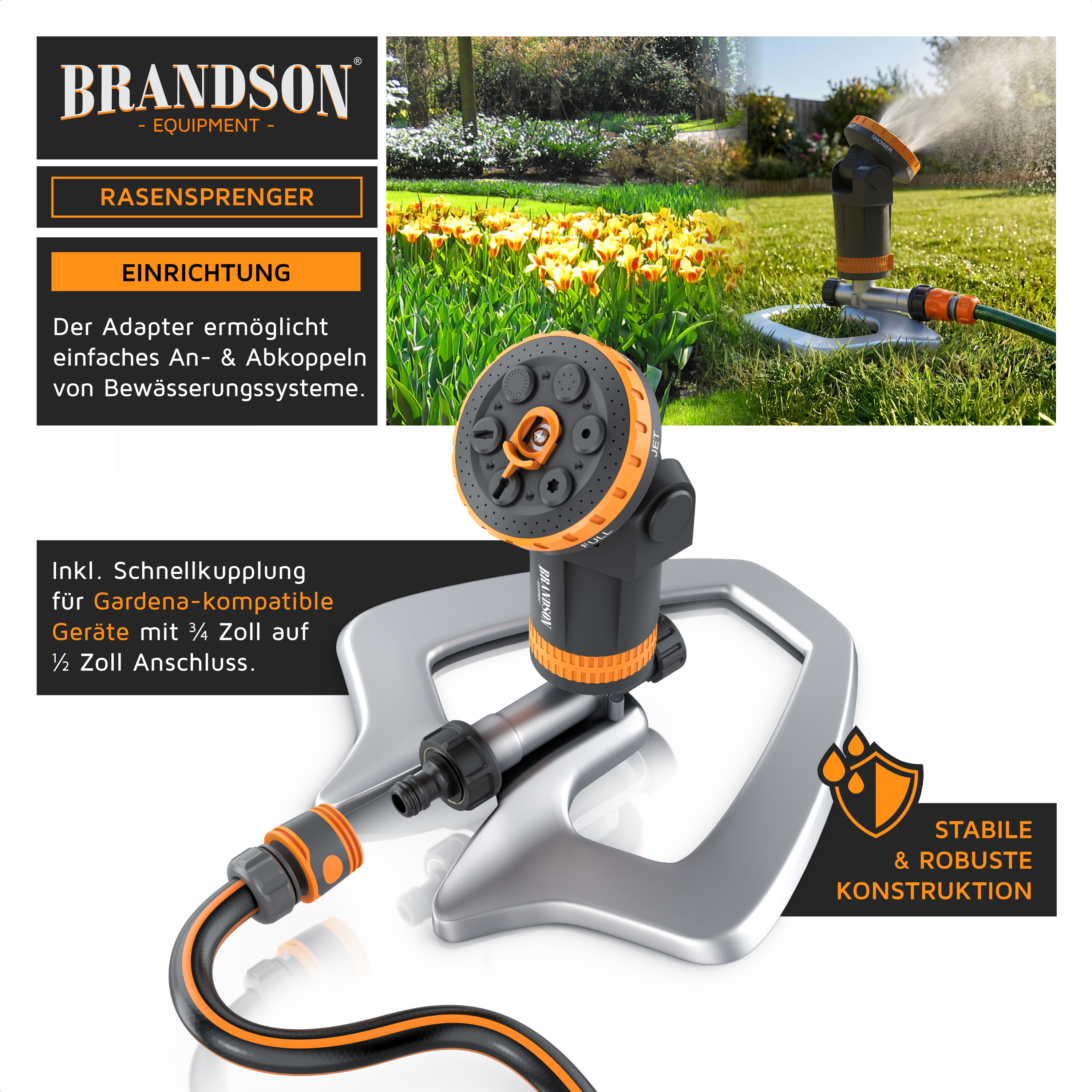 Brandson Rasensprenger mit stabiler und robuster Konstruktion, orangefarbenem Sprühkopf und Schnellkupplung für Gardena-kompatible Geräte.