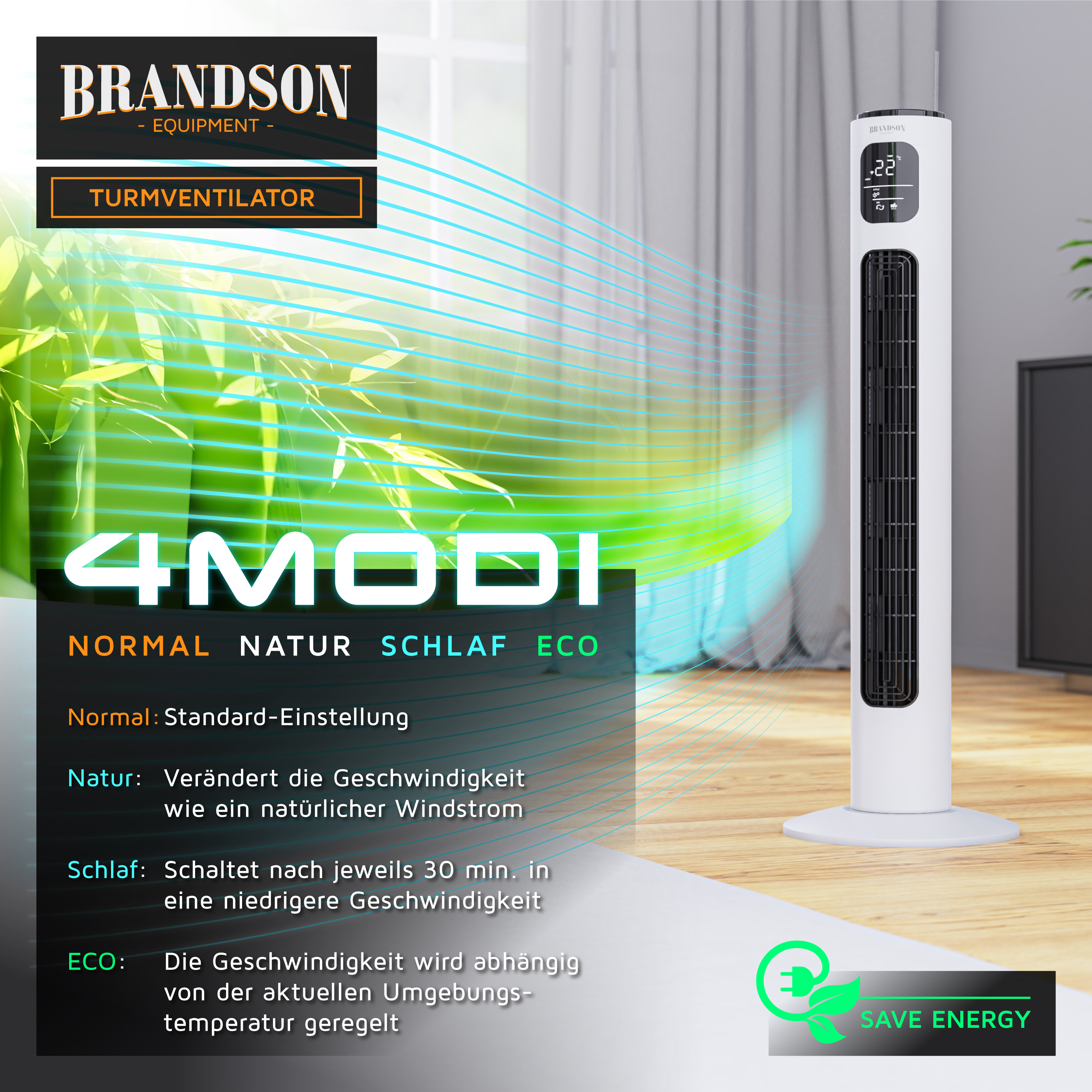 Brandson Turmventilator in Weiß mit digitalem Display, Bedienfeld, Standfuß und vier Modi für individuelle Luftzirkulation.