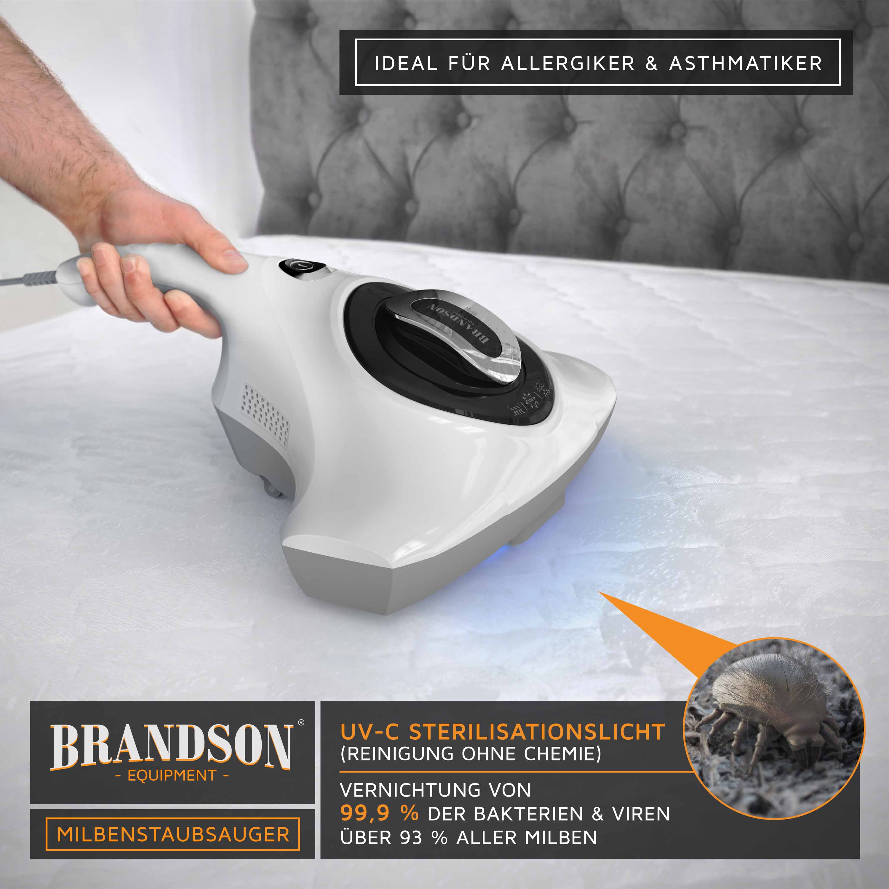 Brandson Milbenstaubsauger mit ergonomischem Griff und UV-C-Sterilisationslicht zur chemiefreien Reinigung von Matratzen.