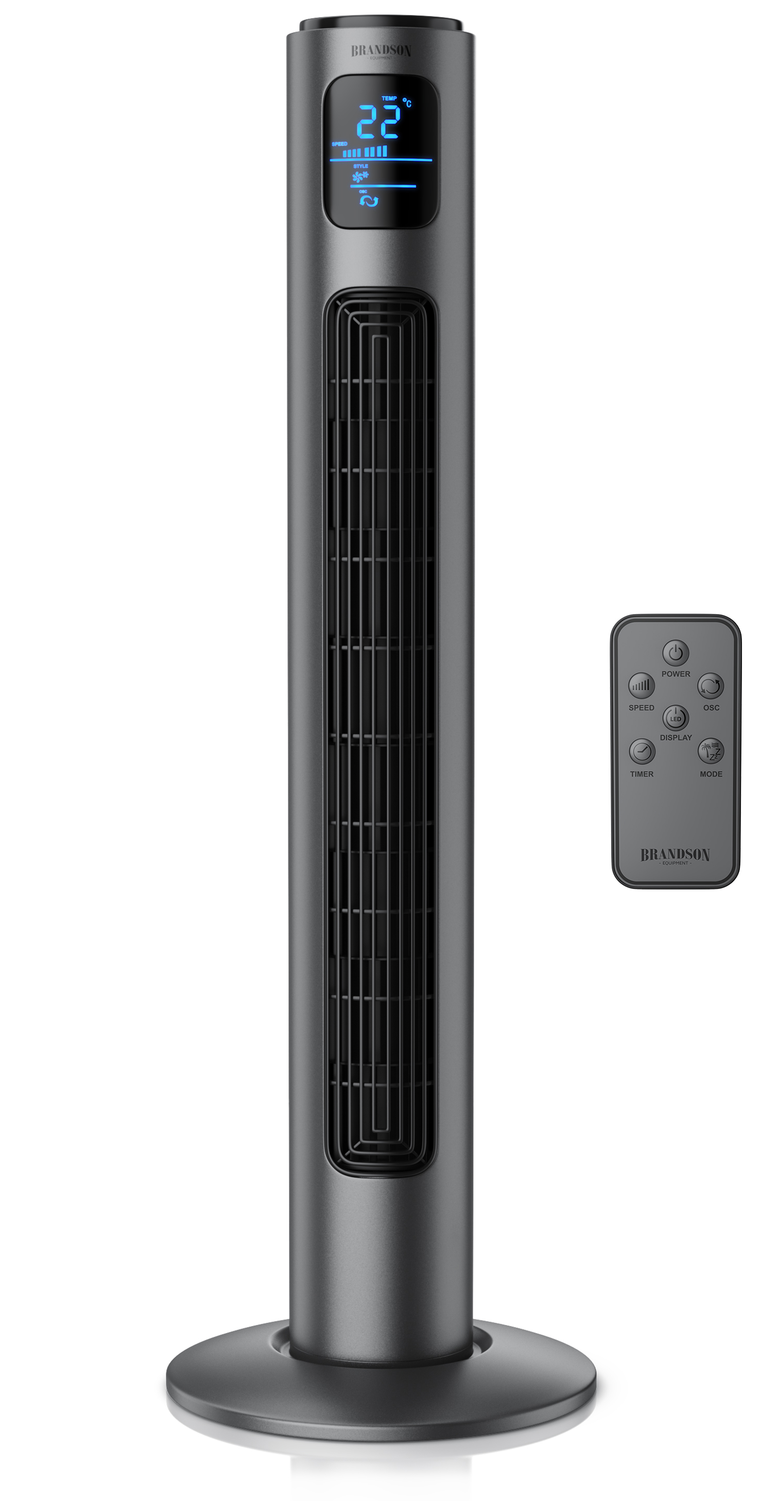Brandson Turmventilator in elegantem schwarzem Design mit Digitalanzeige und Fernbedienung, stabilem Standfuß und moderner Ästhetik.