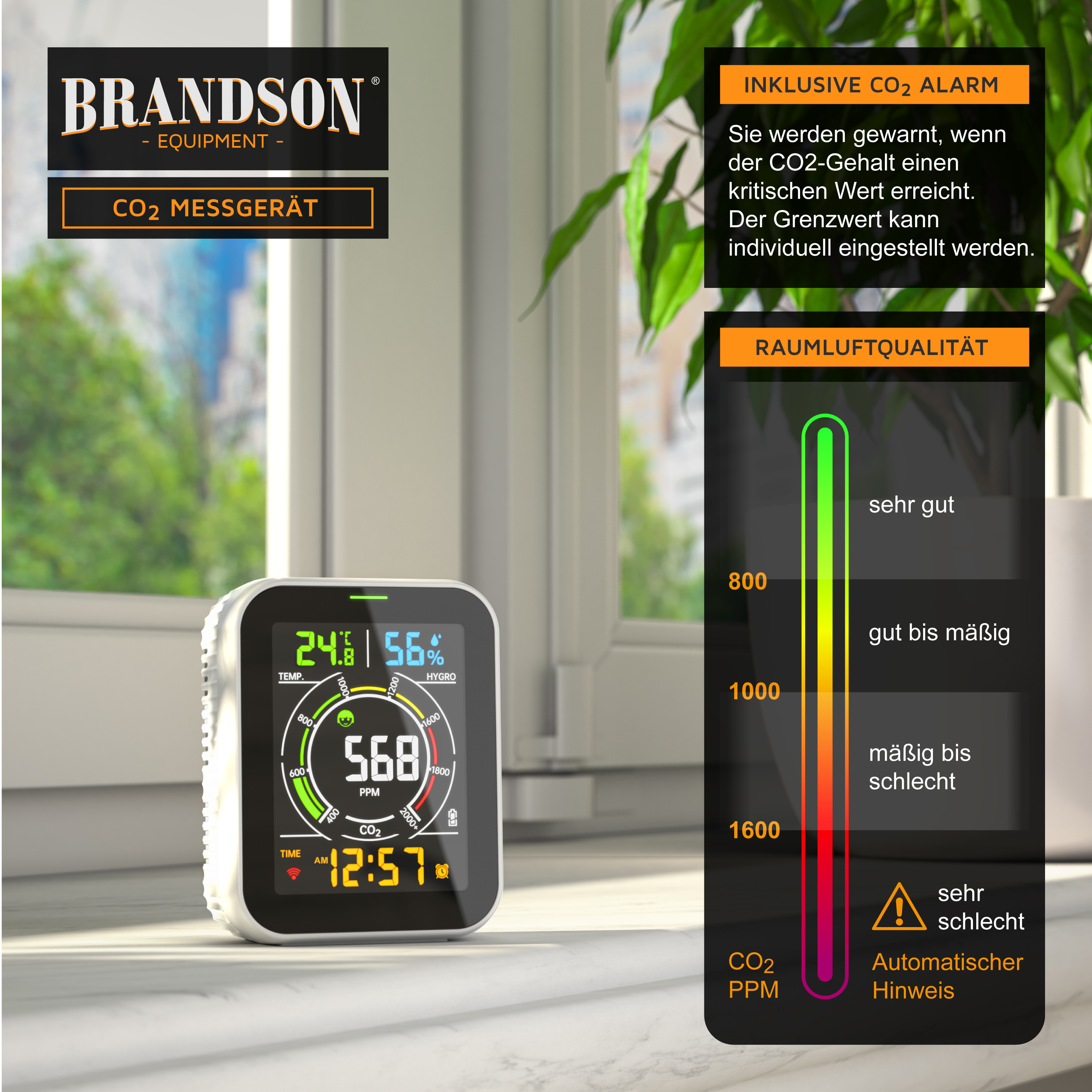 Brandson CO2-Messgerät mit Digitalanzeige zur Anzeige von Temperatur, Luftfeuchtigkeit und CO2-Gehalt, platziert auf einer Fensterbank.