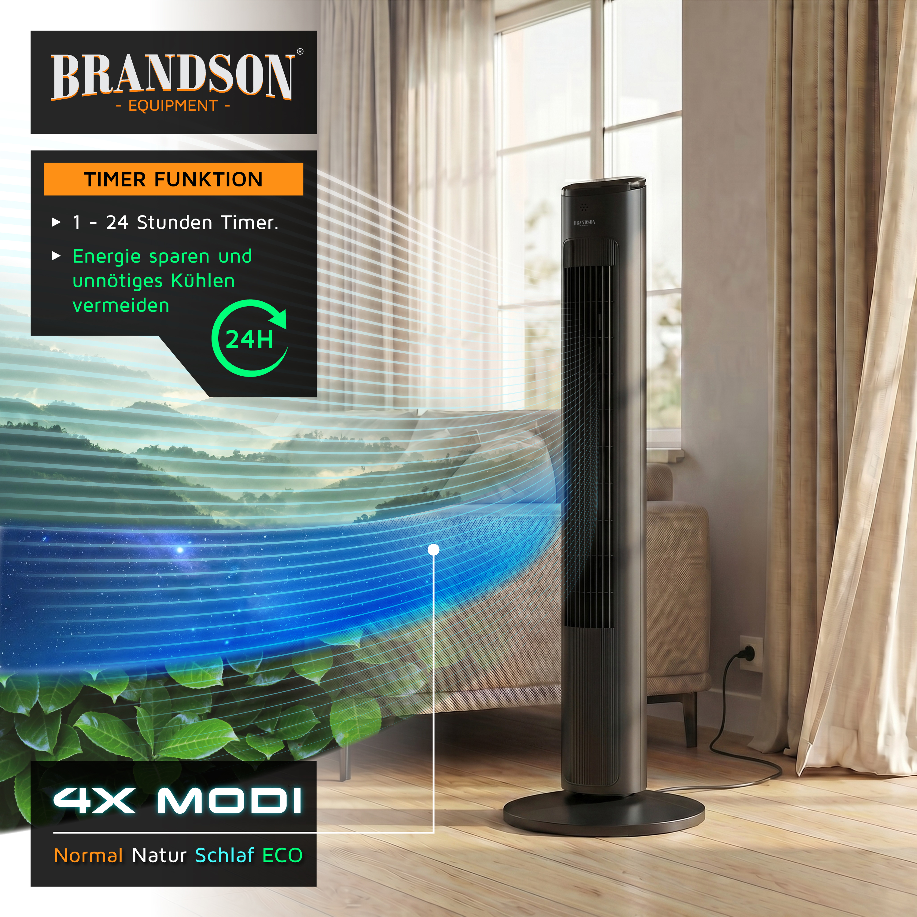 Brandson Turmventilator mit elegantem schwarzem Design, digitaler Anzeige und Timer-Funktion, platziert in einem hellen Wohnzimmer.