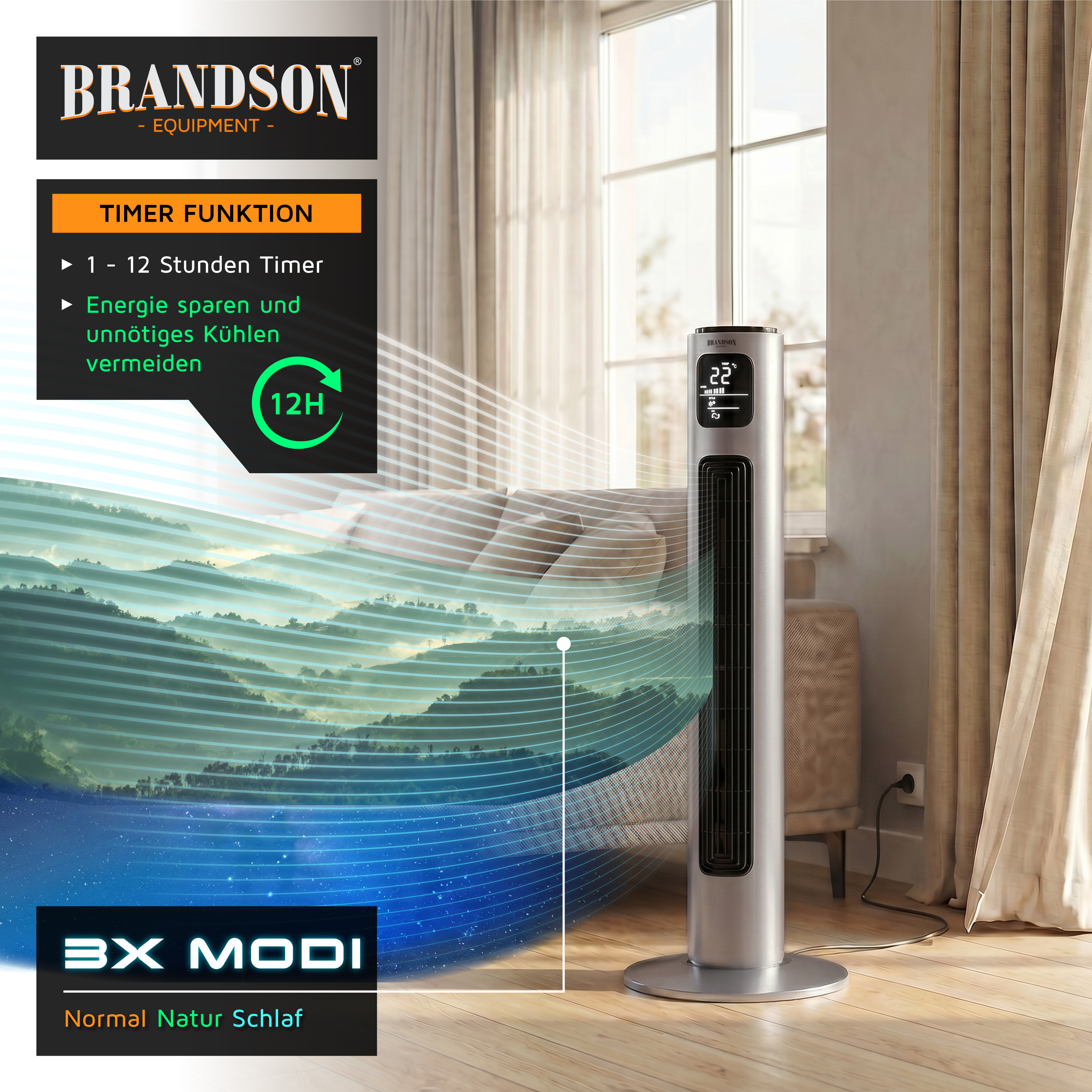 Brandson Turmventilator mit elegantem silbernen Design, Digitalanzeige und Timer-Funktion, platziert in einem hellen Wohnzimmer.
