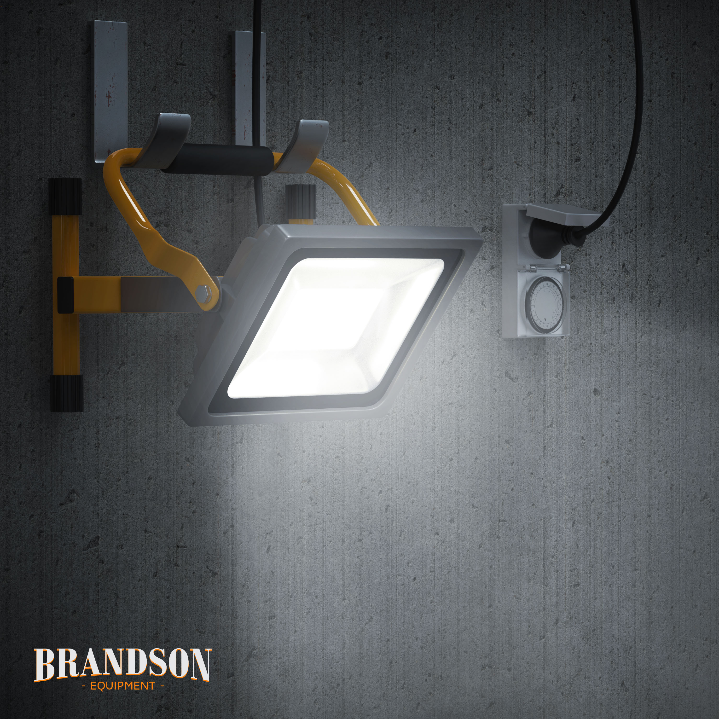 Brandson LED-Bauleuchte im quadratischen Design zur Wandmontage, mit gelbem Griff und sichtbarem Stromanschluss.