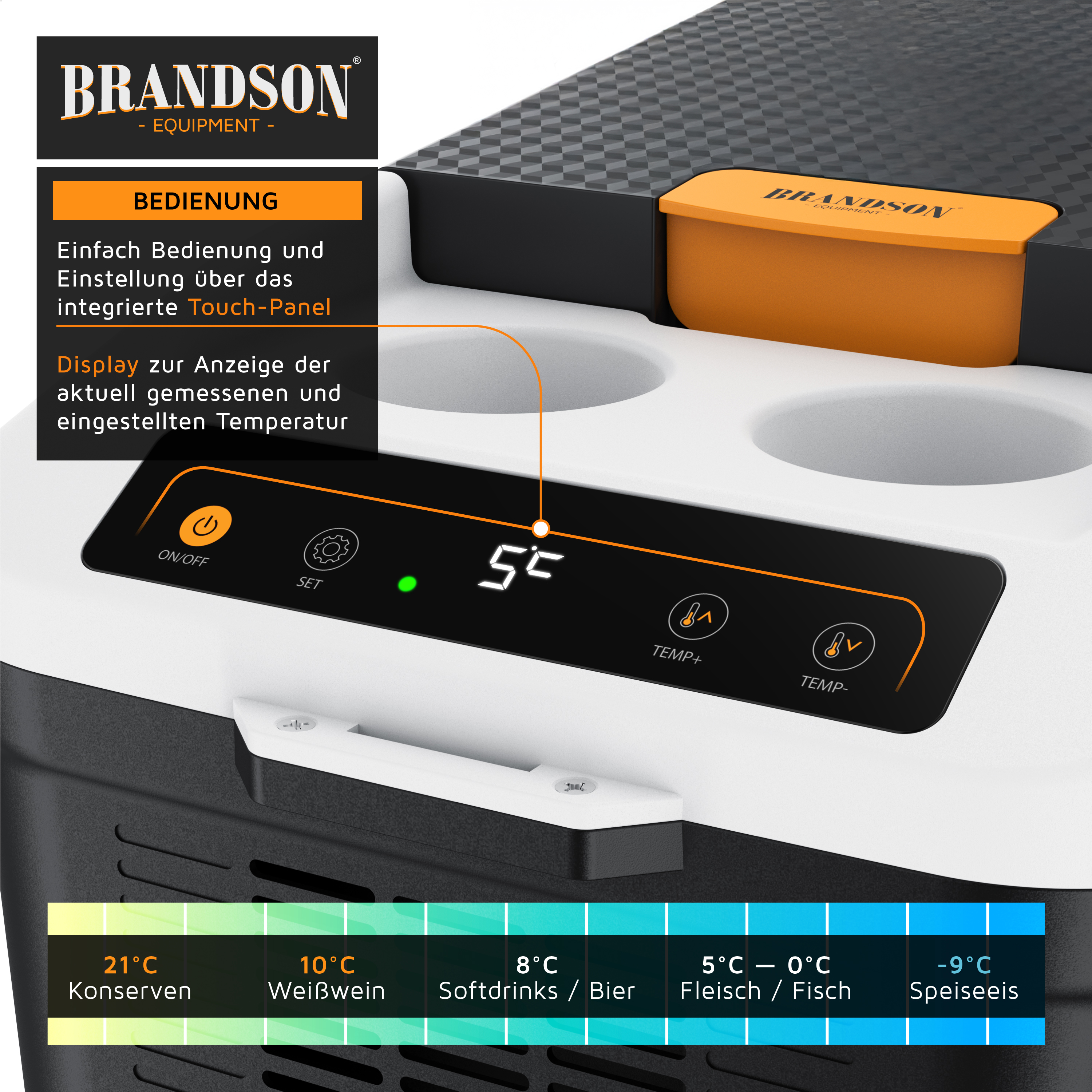 Mobile Kühlbox von Brandson mit Touchpanel-Display zur Anzeige der aktuellen Temperatur und Einstellungen, elegantem Design und integrierten Getränkehaltern.