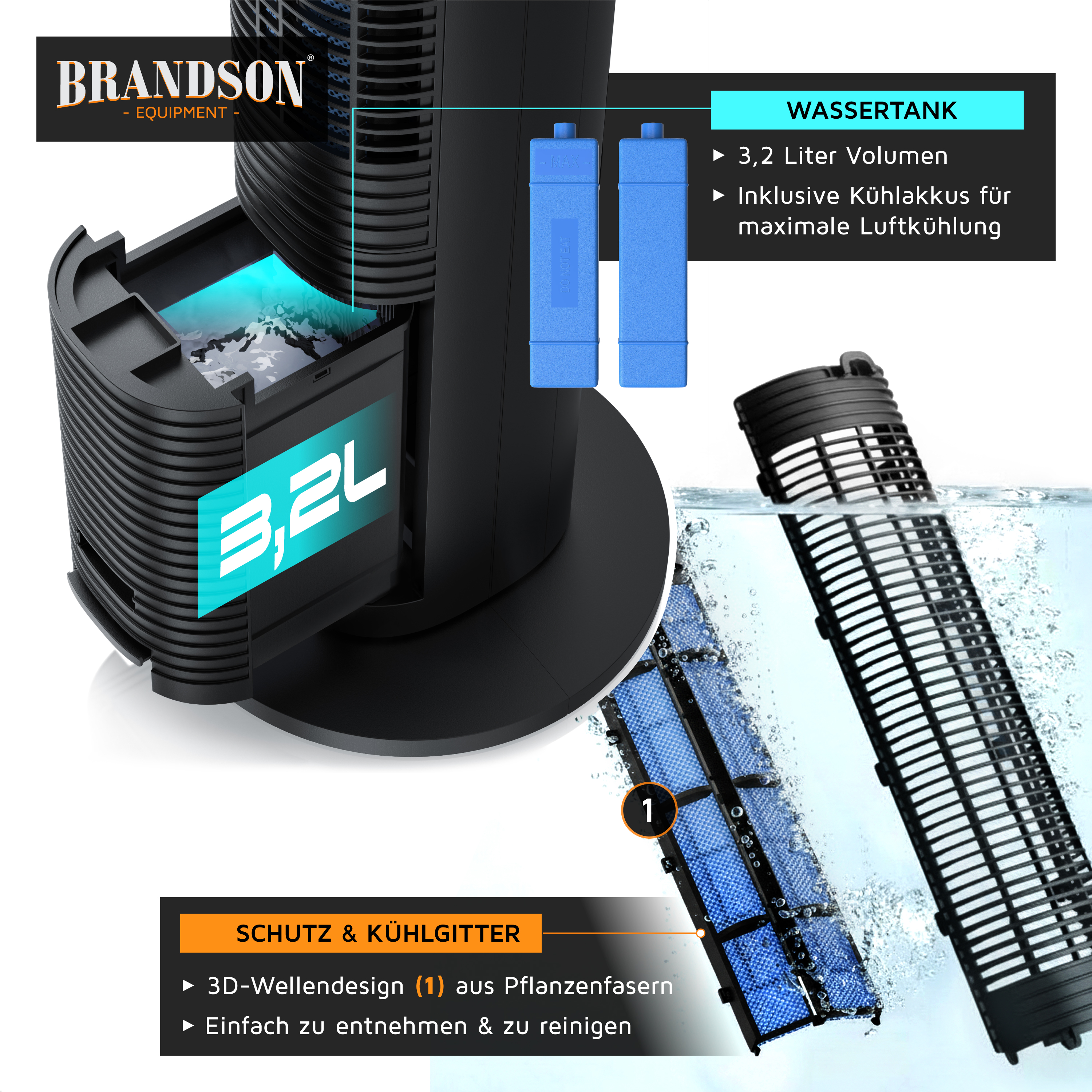 Turmventilator von Brandson mit 3,2-Liter-Wassertank, 3D-Wellendesign und abnehmbarem Kühlgitter zur einfachen Reinigung.