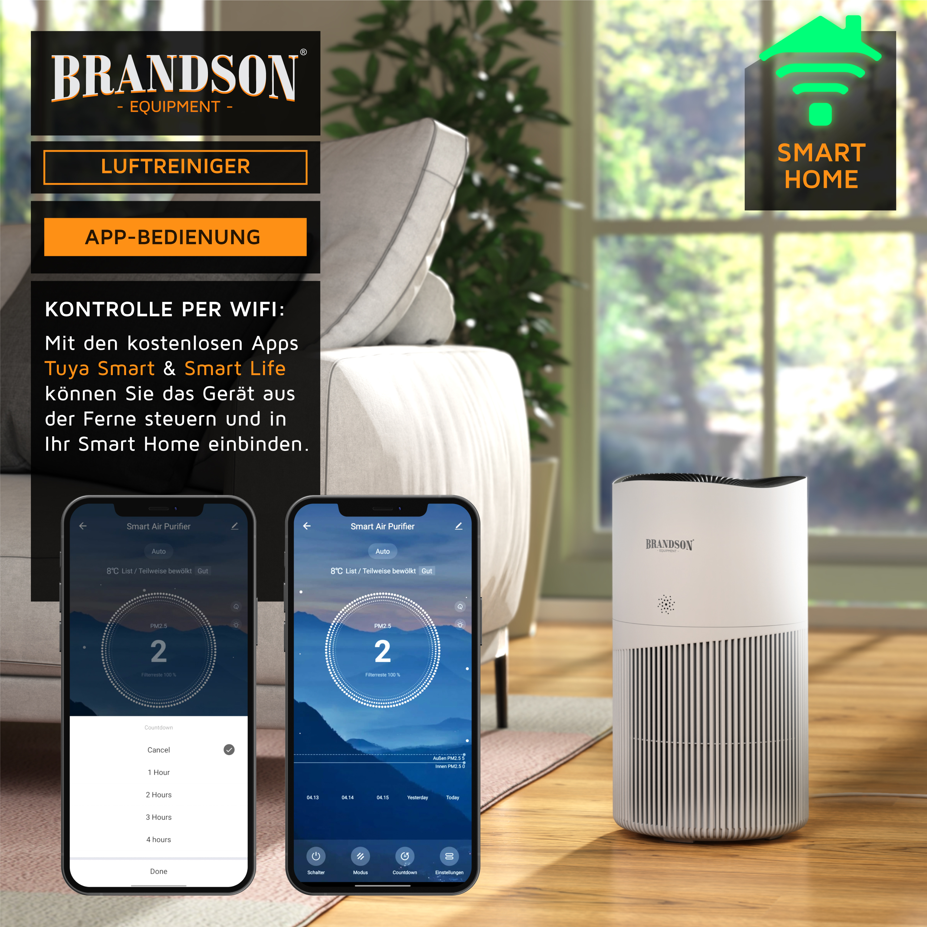 Brandson-Luftreiniger mit elegantem weißem Design, Bedienfeld und App-Konnektivität, platziert in einem hellen Wohnzimmer.