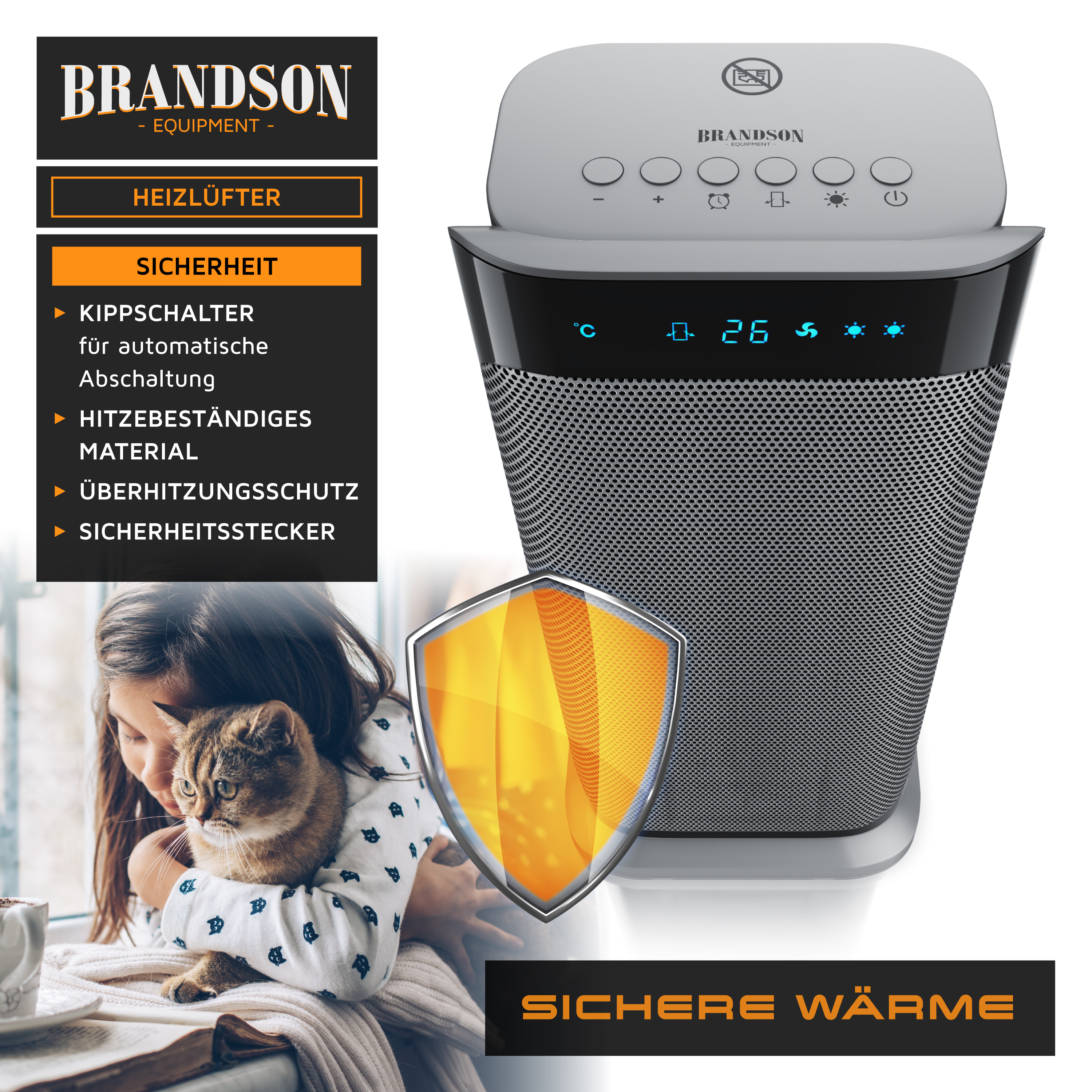 Brandson Heizlüfter in modernem Design mit digitalem Display und Bedienfeld, hitzebeständigem Material und Sicherheitsfunktionen.