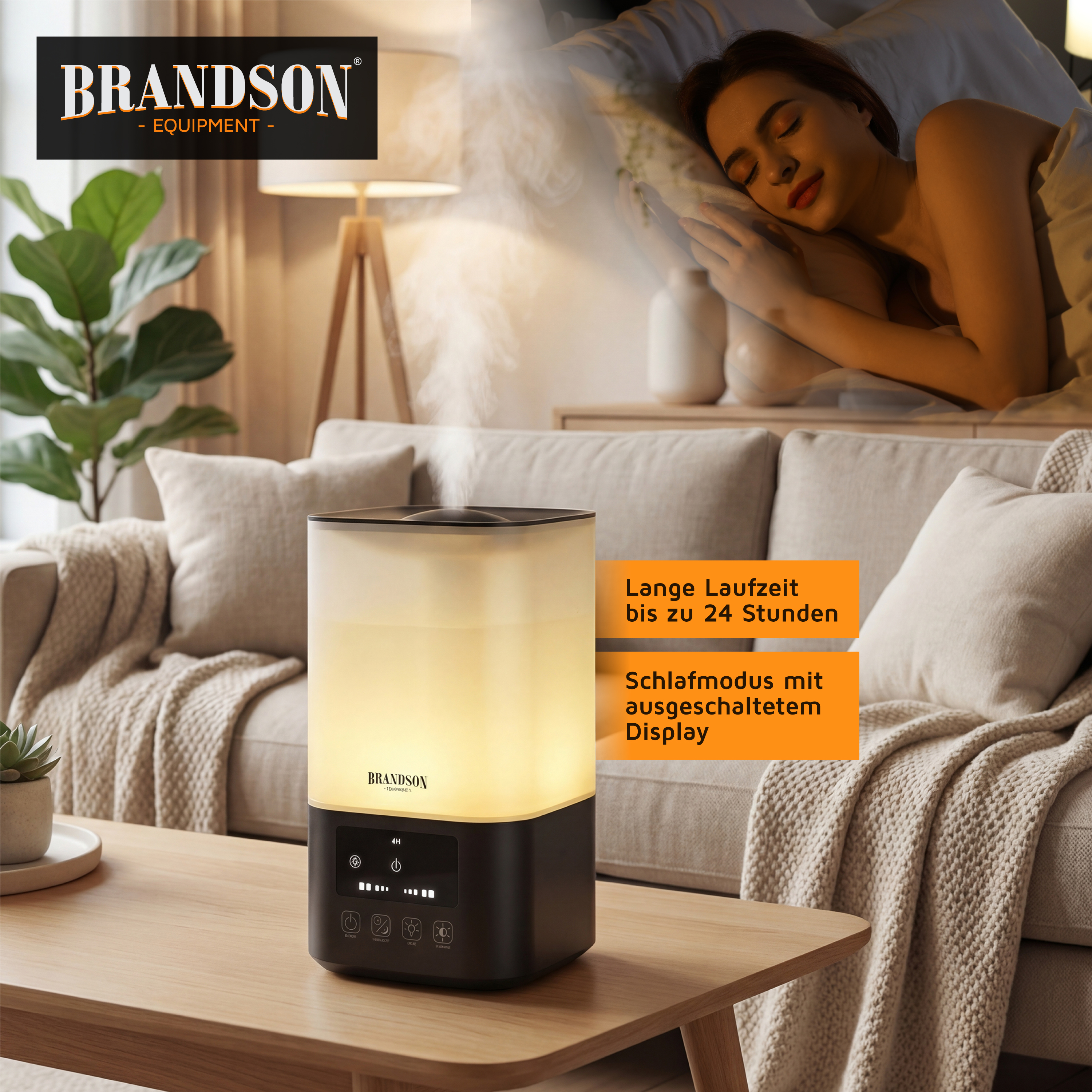 Brandson Luftbefeuchter mit transparentem Wassertank, schwarzem Bedienfeld und LED-Display in einem modernen Wohnraum.