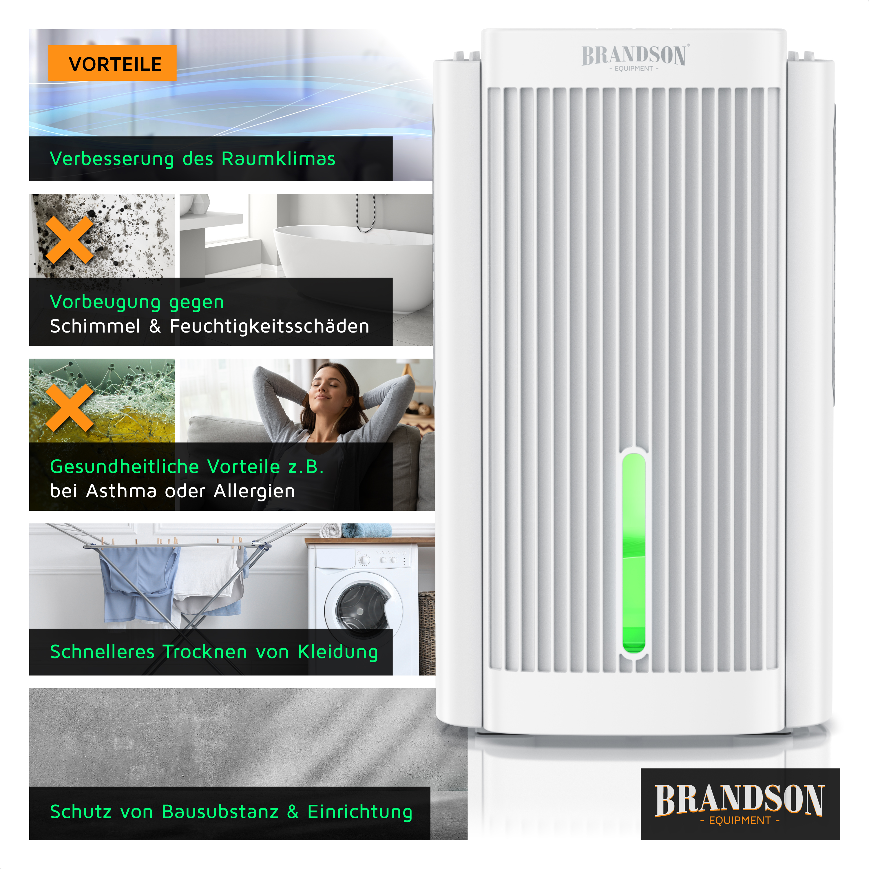 Brandson-Luftreiniger mit elegantem weißem Design, vertikalen Lamellen und grüner Kontrollleuchte, ideal zur Verbesserung der Raumluftqualität.