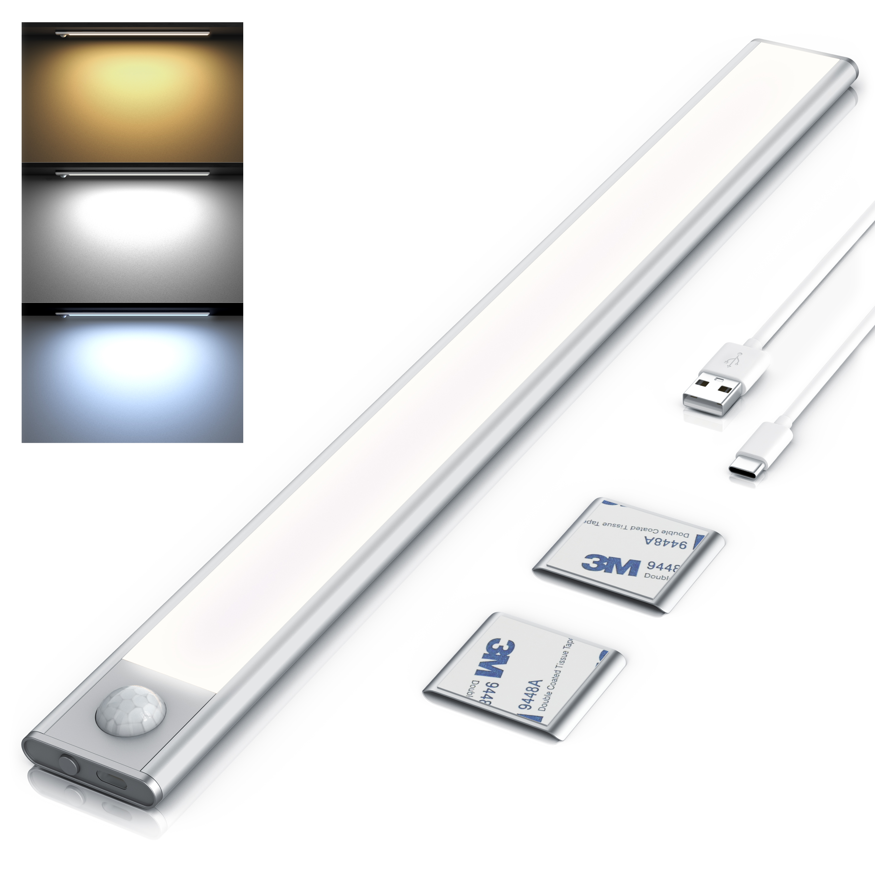 Brandson LED-Lichtleiste mit Bewegungssensor, silberfarben, USB-Anschluss, inklusive 3M Klebestreifen für einfache Montage.