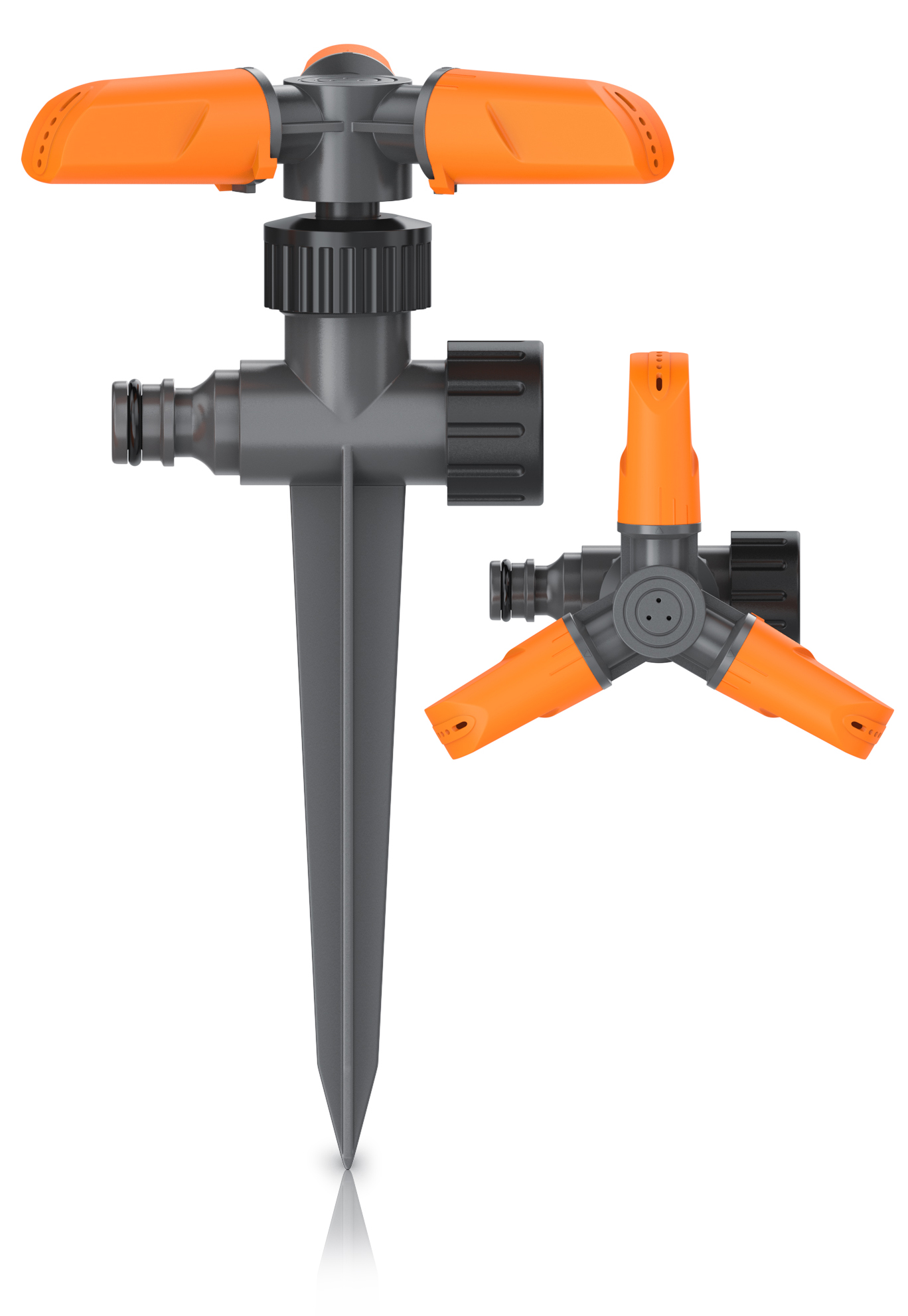 Brandson Sprinkler mit orangefarbenen Griffen und grauem Gehäuse, ausgestattet mit einem stabilen Erdspieß für die Gartenbewässerung.