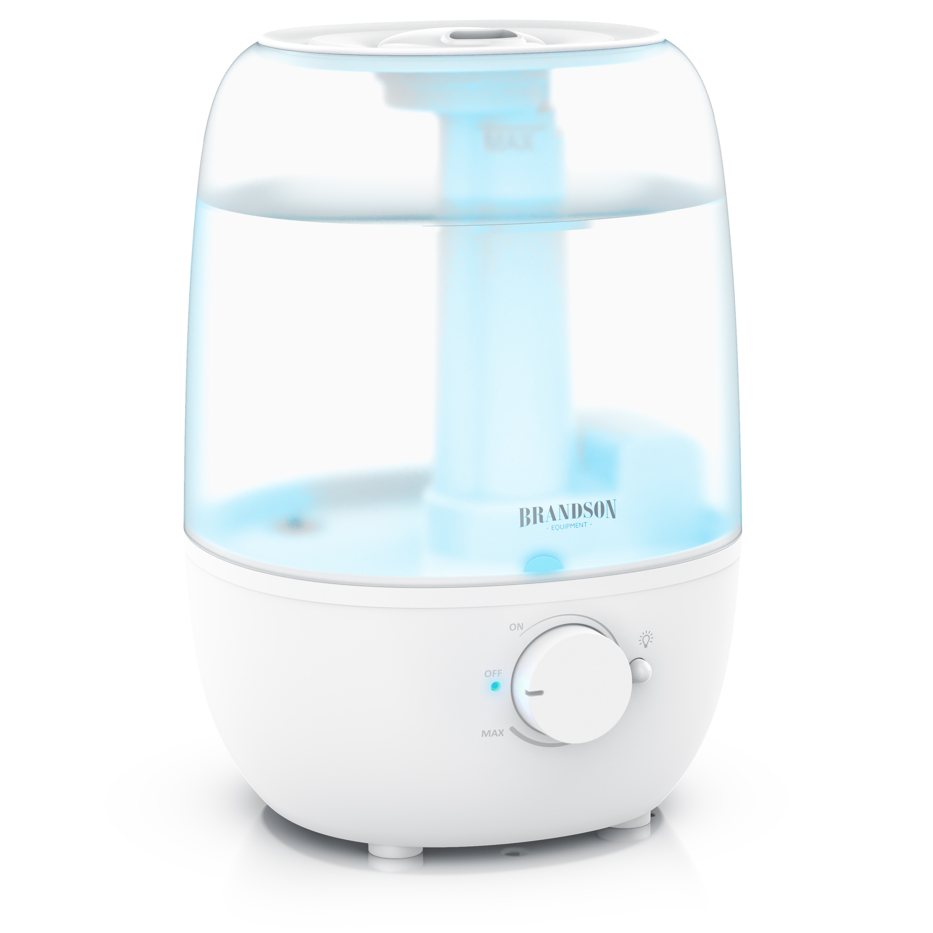Luftbefeuchter von Brandson mit transparentem Wassertank, weißem Sockel, verstellbarem Knopf und blauer Kontrollleuchte.
