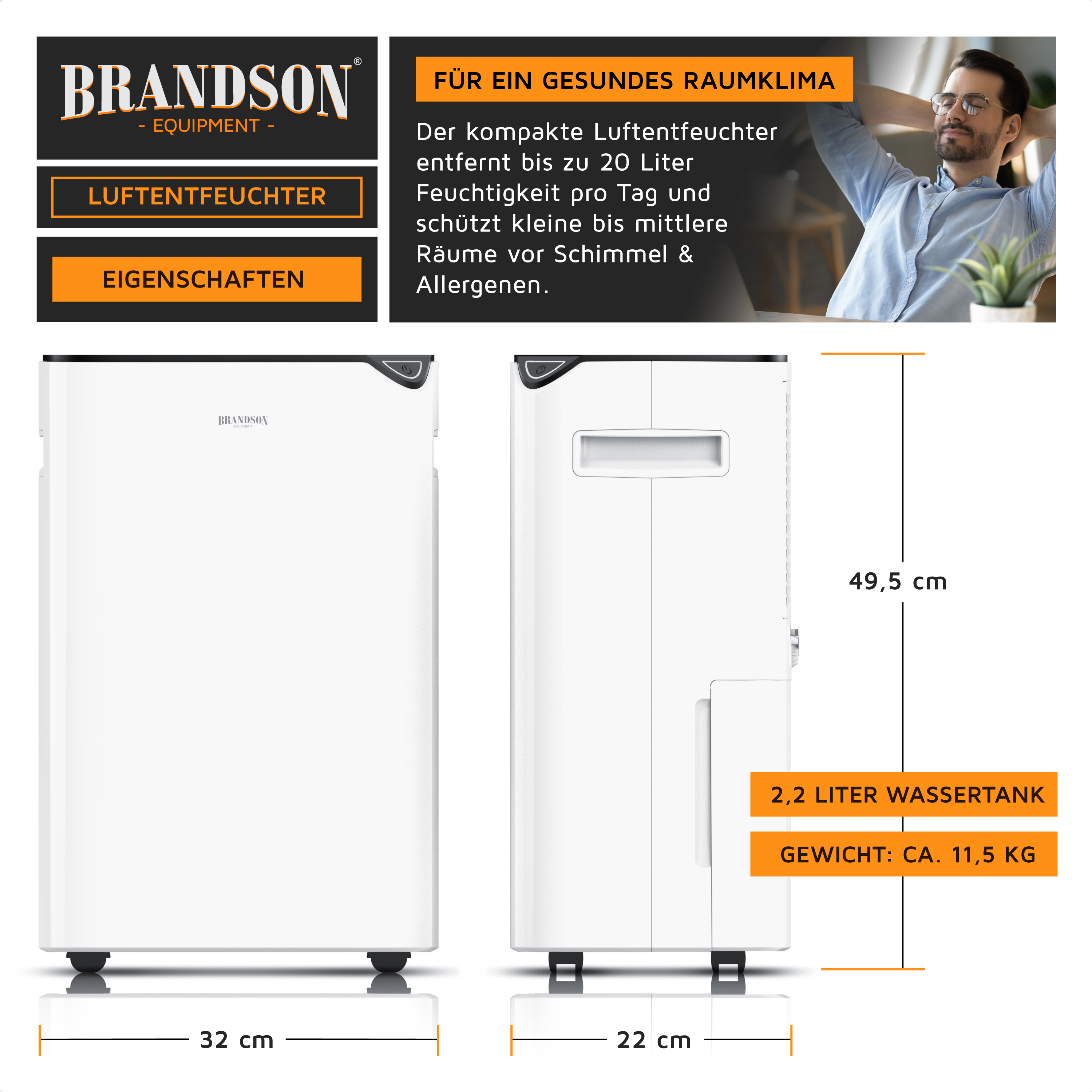 Brandson Luftentfeuchter in Weiß mit einem 2,2 Liter Wassertank, kompaktem Design und seitlichem Griff für einfache Handhabung.