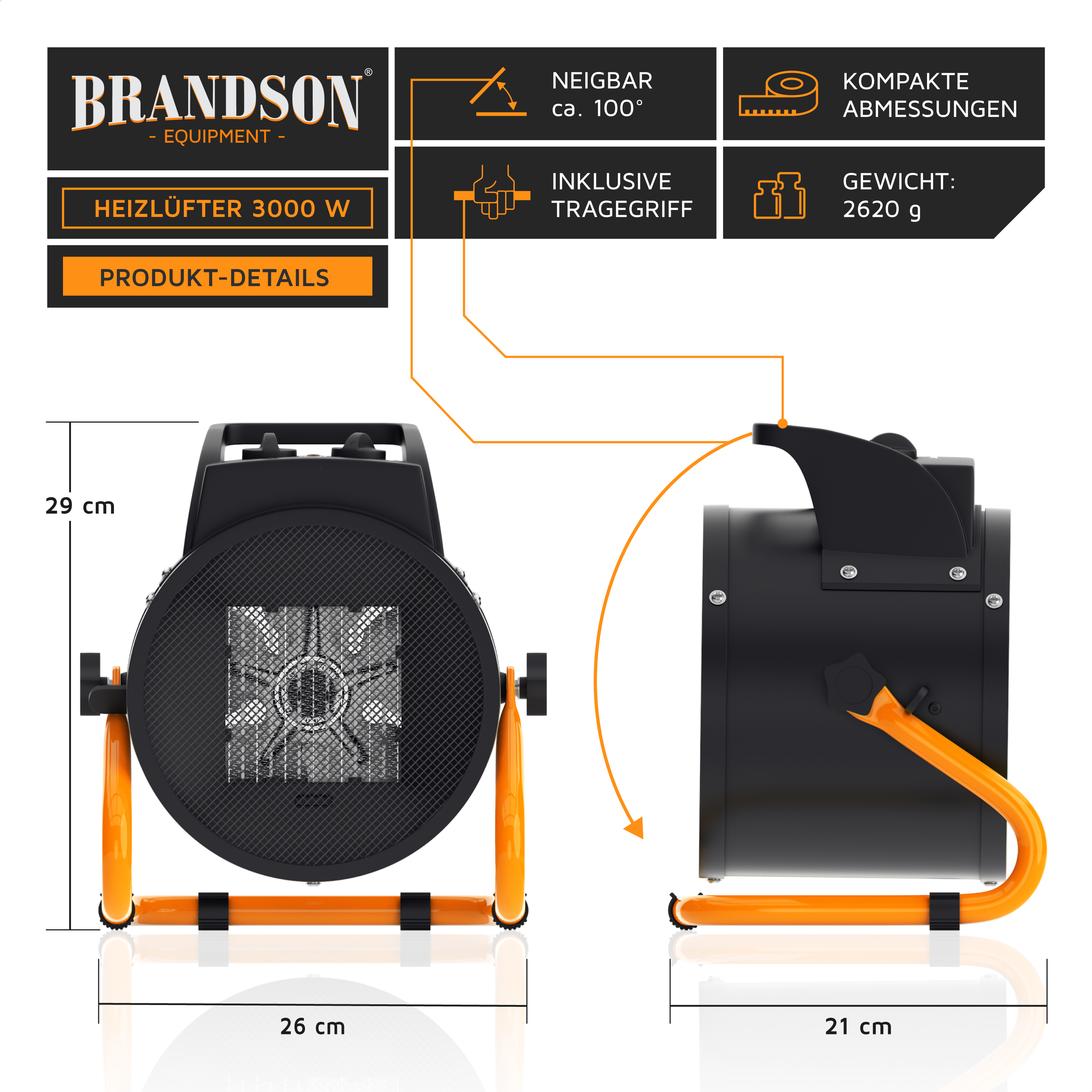 Brandson Heizlüfter mit schwarzem Gehäuse, orangefarbenem Tragegriff und neigbarem Design für gezielte Wärmeabgabe.