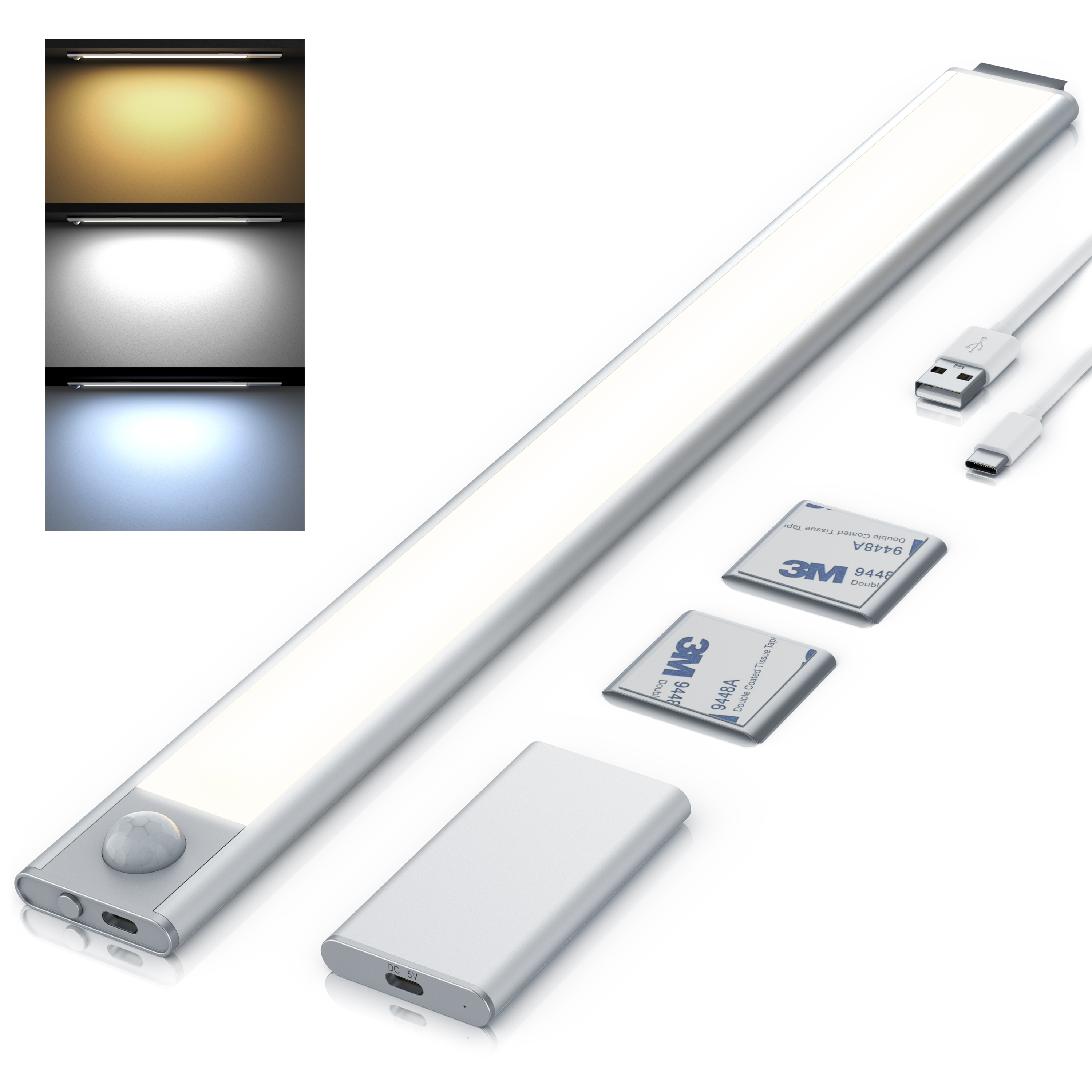 Brandson LED-Leuchte mit Sensor, silberner Aluminium-Oberfläche, USB-Anschluss und zwei 3M Klebestreifen für die Montage.