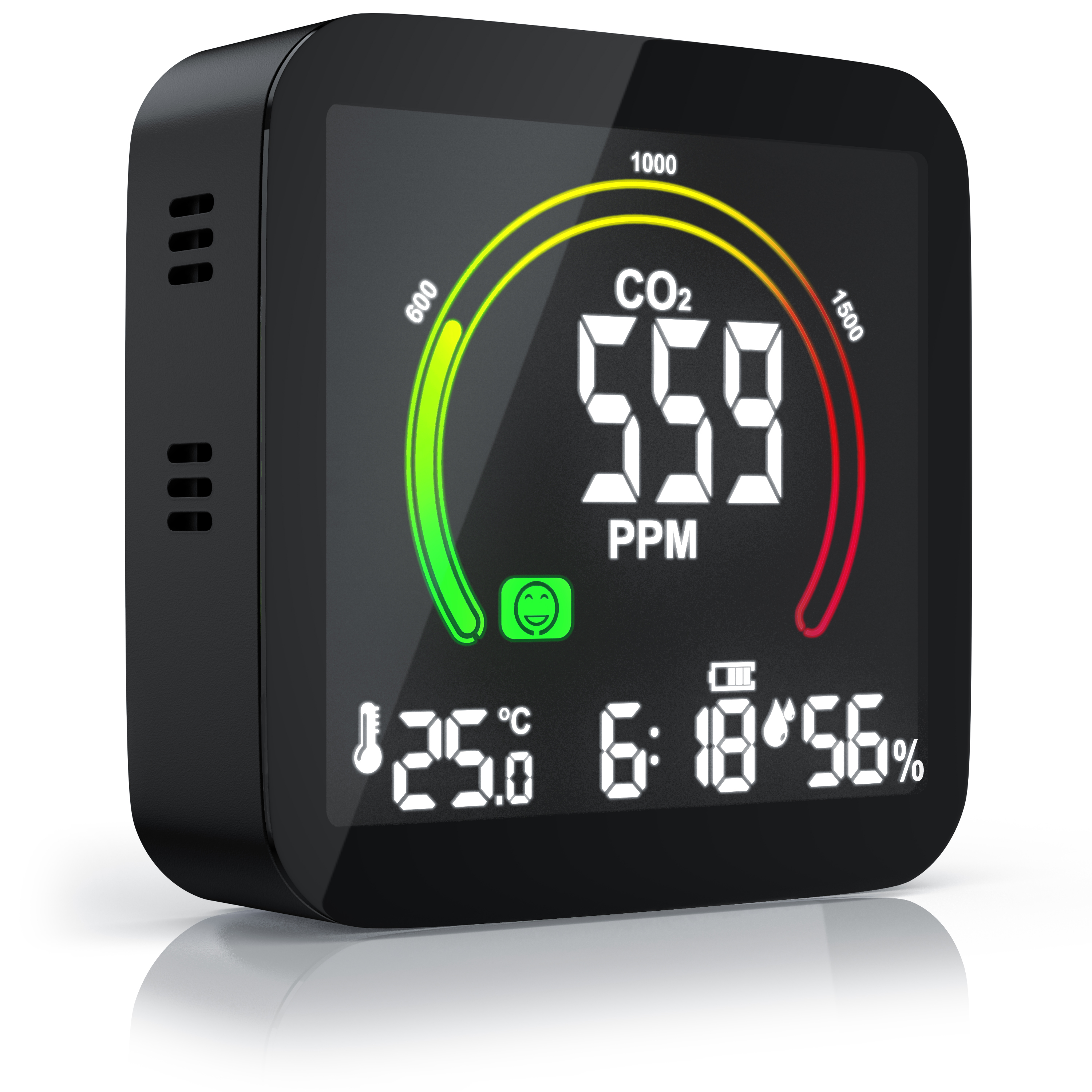 Brandson CO2-Messgerät mit digitalem Display, zeigt CO2-Werte, Temperatur und Luftfeuchtigkeit in einem kompakten, schwarzen Gehäuse.