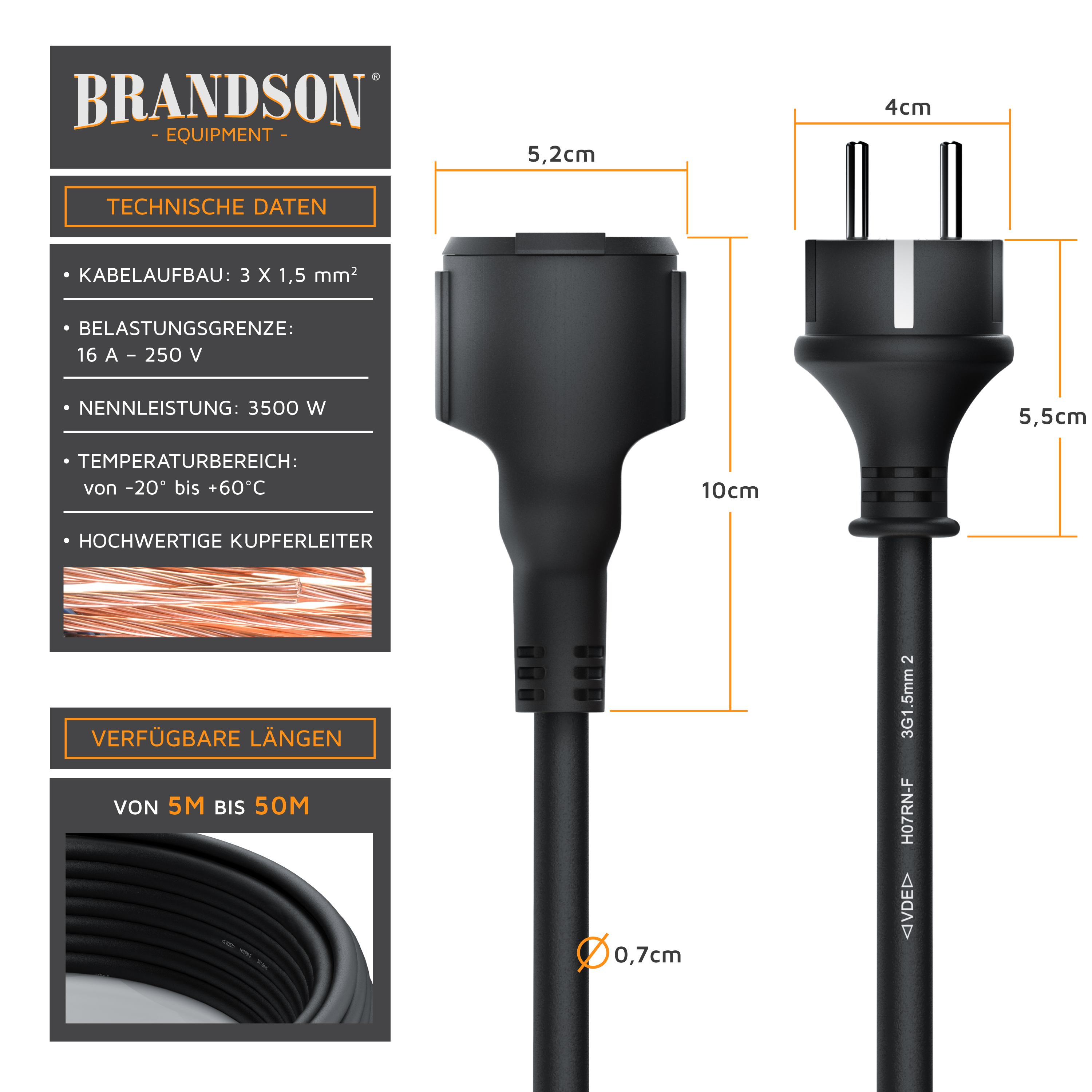 Brandson-Stromkabel mit schwarzer Isolierung, robustem Steckerdesign und klaren technischen Spezifikationen.