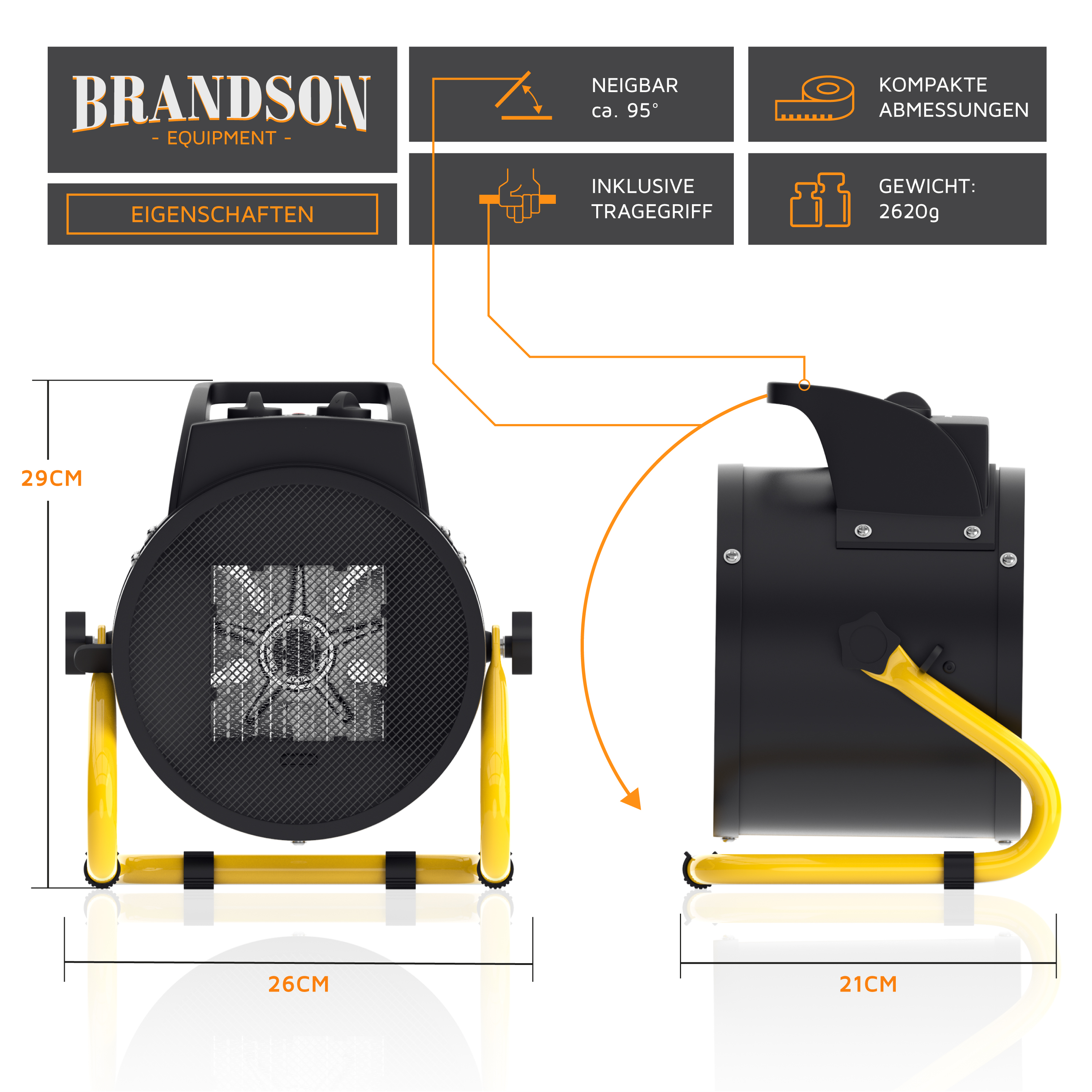 Brandson Heizlüfter mit neigbarem Design, schwarzem Gehäuse und gelben Standfüßen, inklusive Tragegriff für einfache Mobilität.